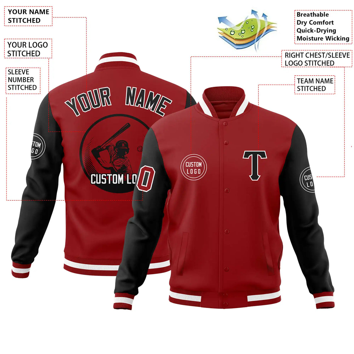 Custom Red Black Bomber Full-Snap Varsity Letterman Two Tone Jacket