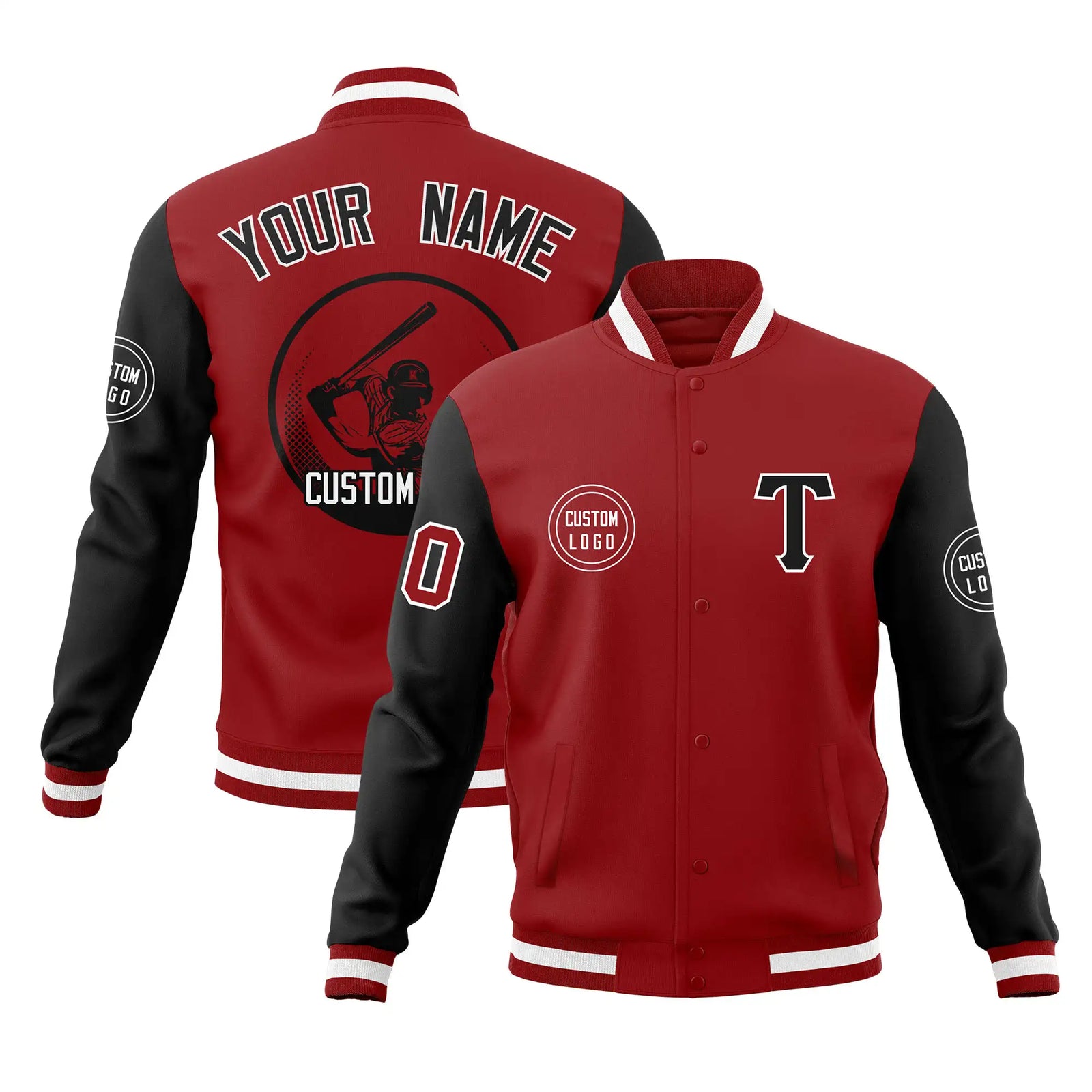 Custom Red Black Bomber Full-Snap Varsity Letterman Two Tone Jacket
