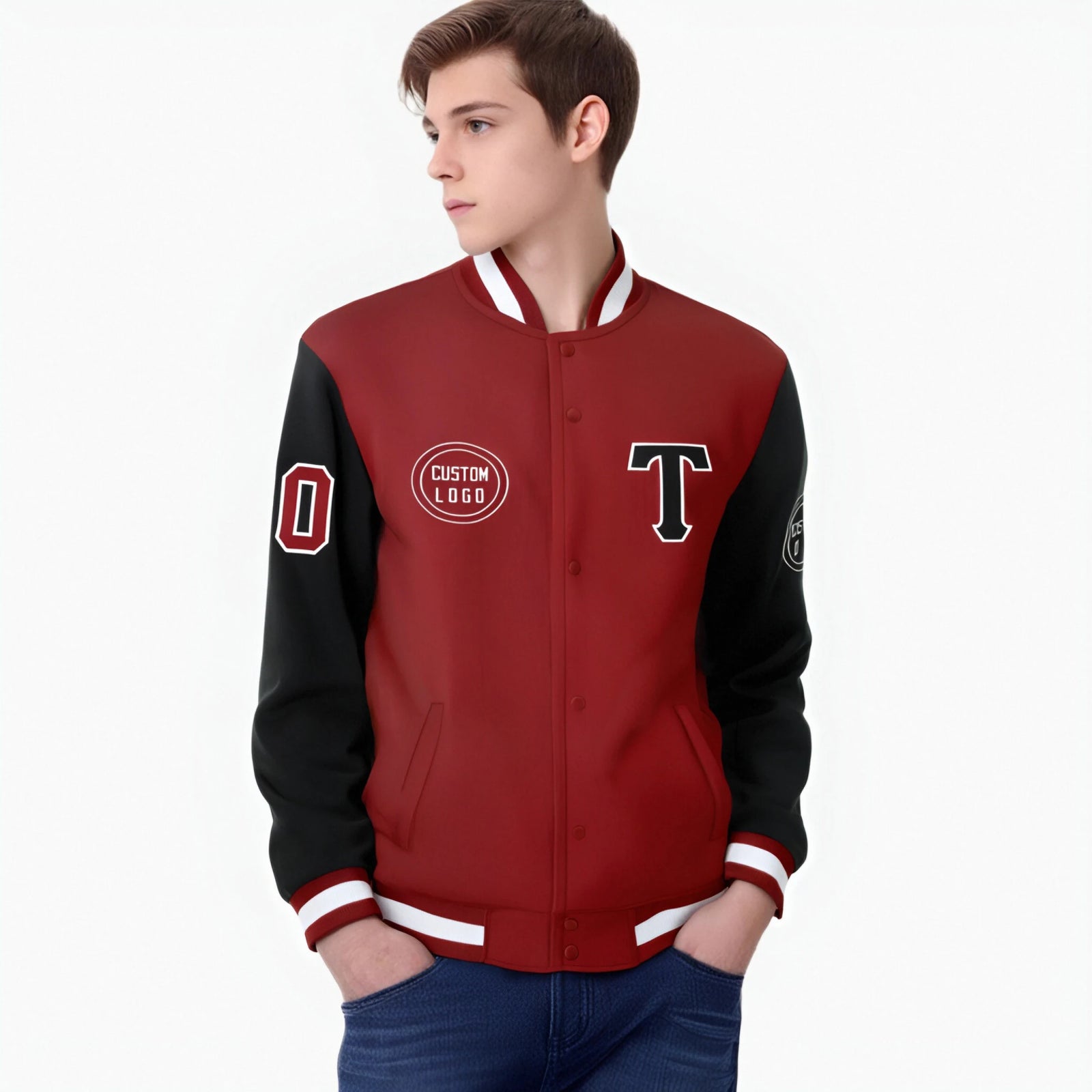 Custom Red Black Bomber Full-Snap Varsity Letterman Two Tone Jacket