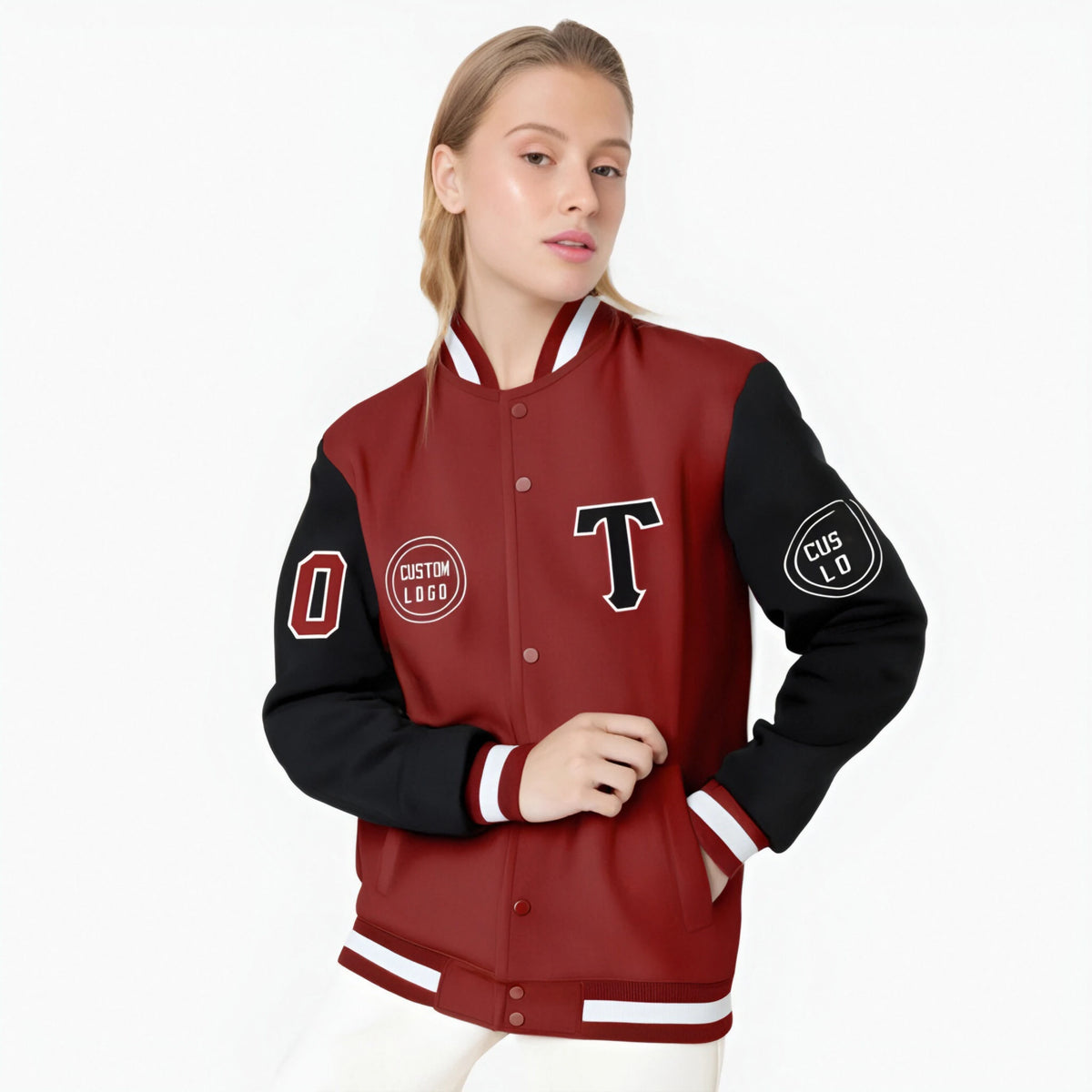 Custom Red Black Bomber Full-Snap Varsity Letterman Two Tone Jacket