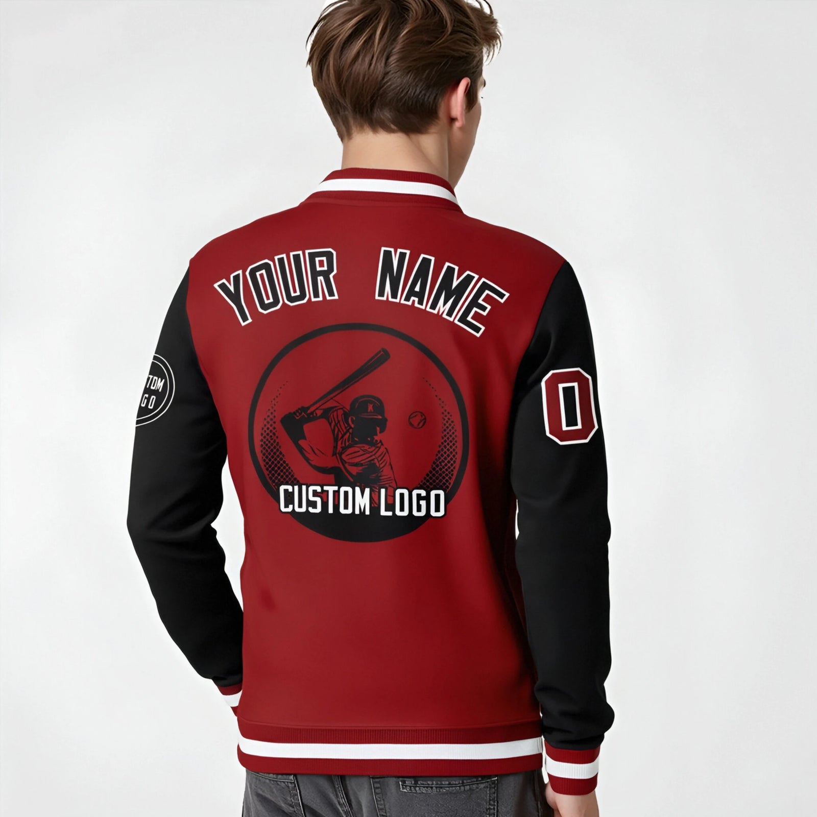 Custom Red Black Bomber Full-Snap Varsity Letterman Two Tone Jacket