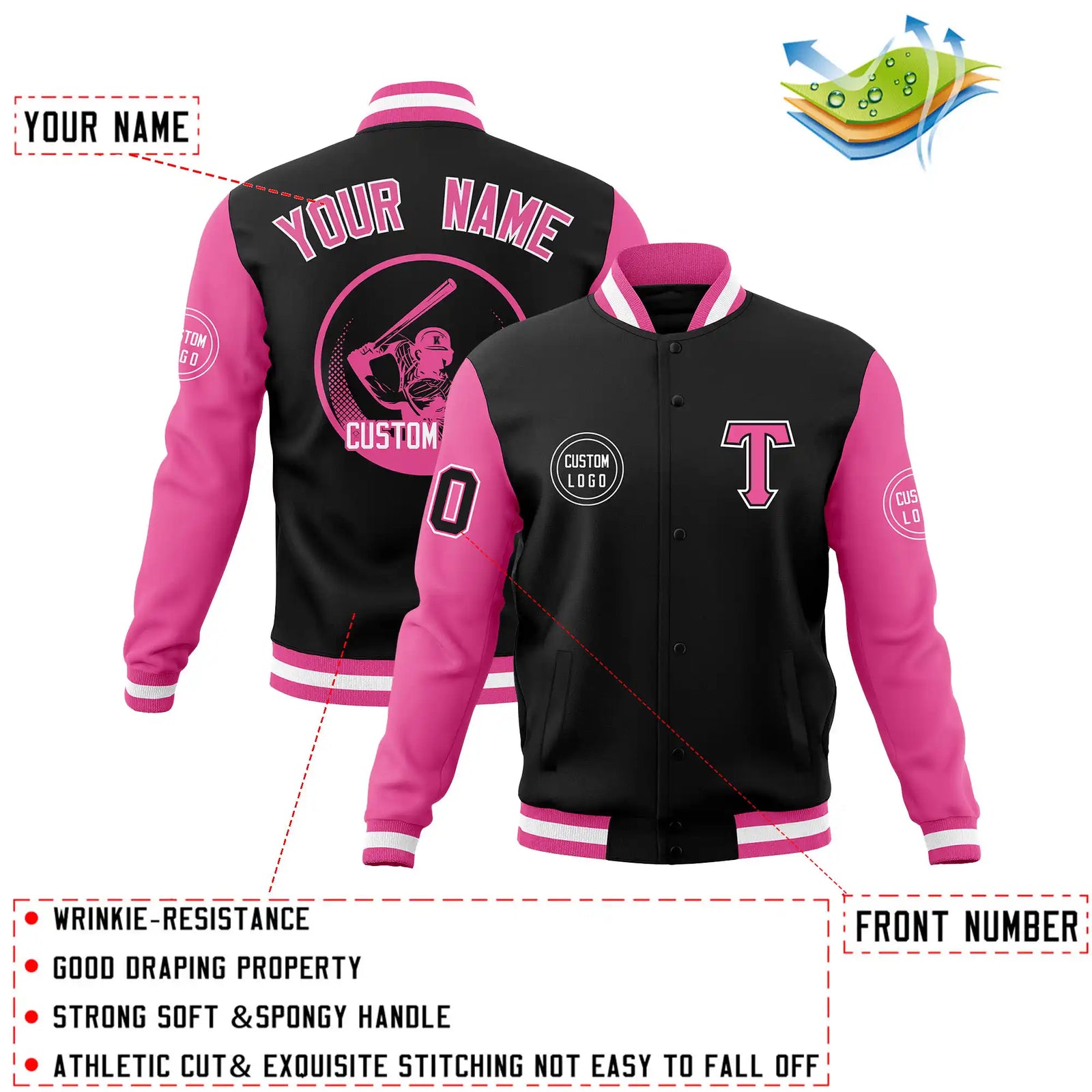 Custom Black Pink Bomber Full-Snap Varsity Letterman Two Tone Jacket