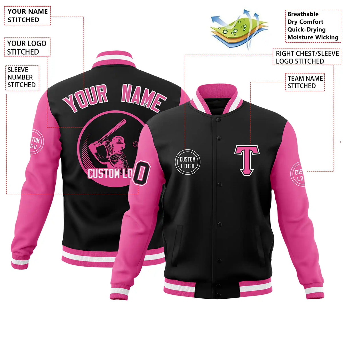 Custom Black Pink Bomber Full-Snap Varsity Letterman Two Tone Jacket