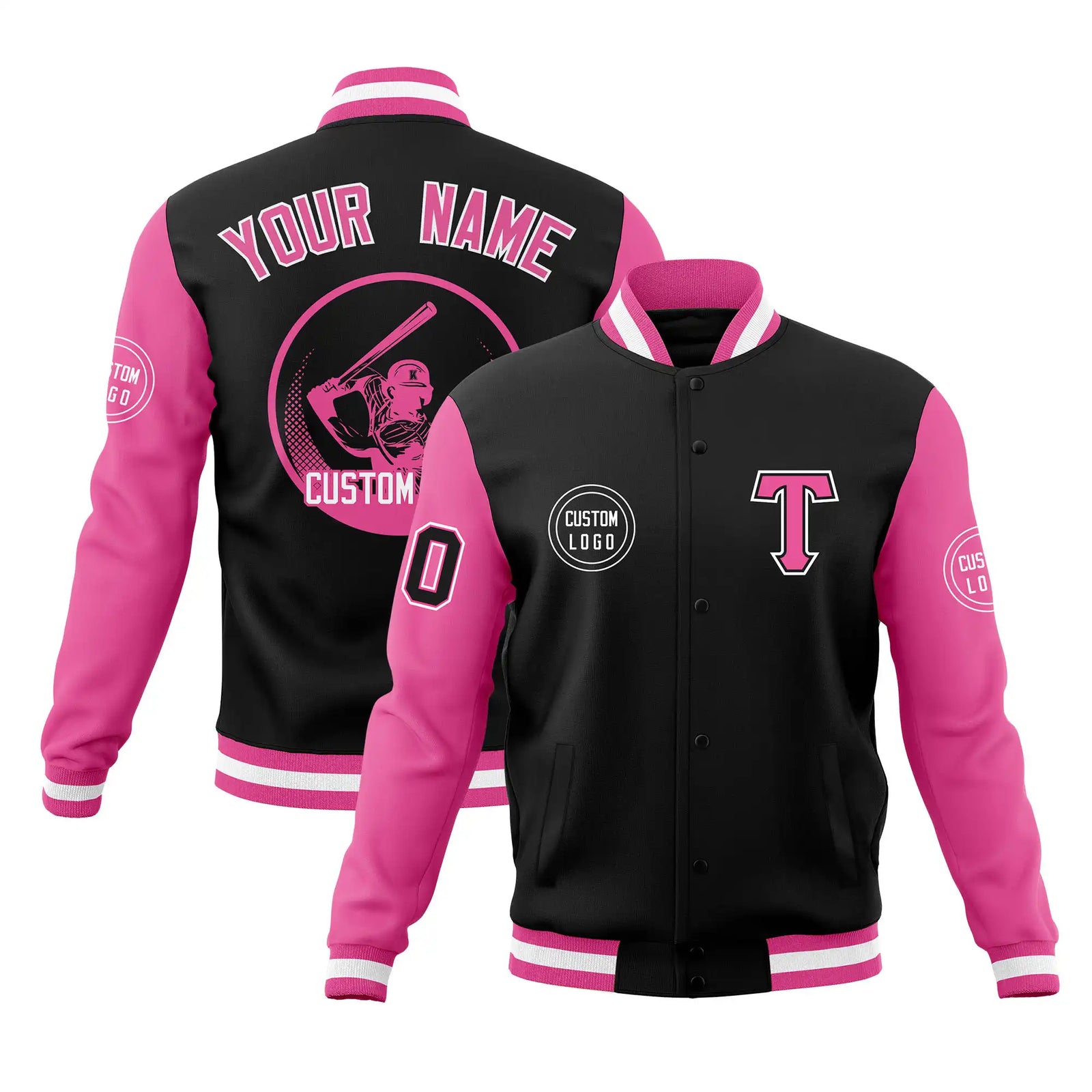 Custom Black Pink Bomber Full-Snap Varsity Letterman Two Tone Jacket