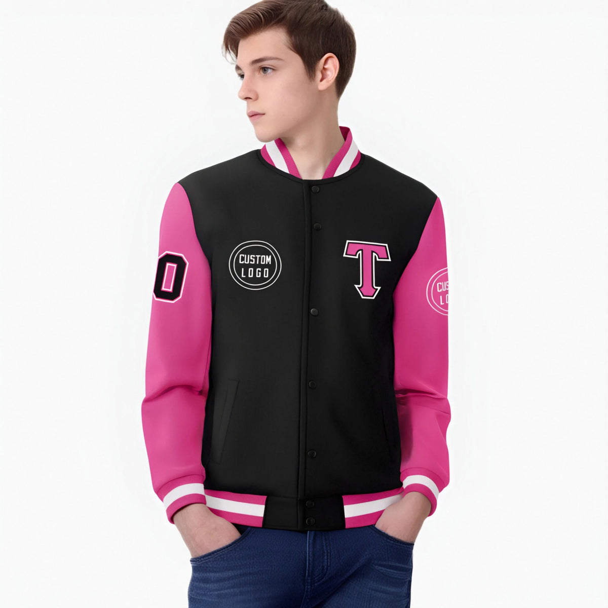 Custom Black Pink Bomber Full-Snap Varsity Letterman Two Tone Jacket