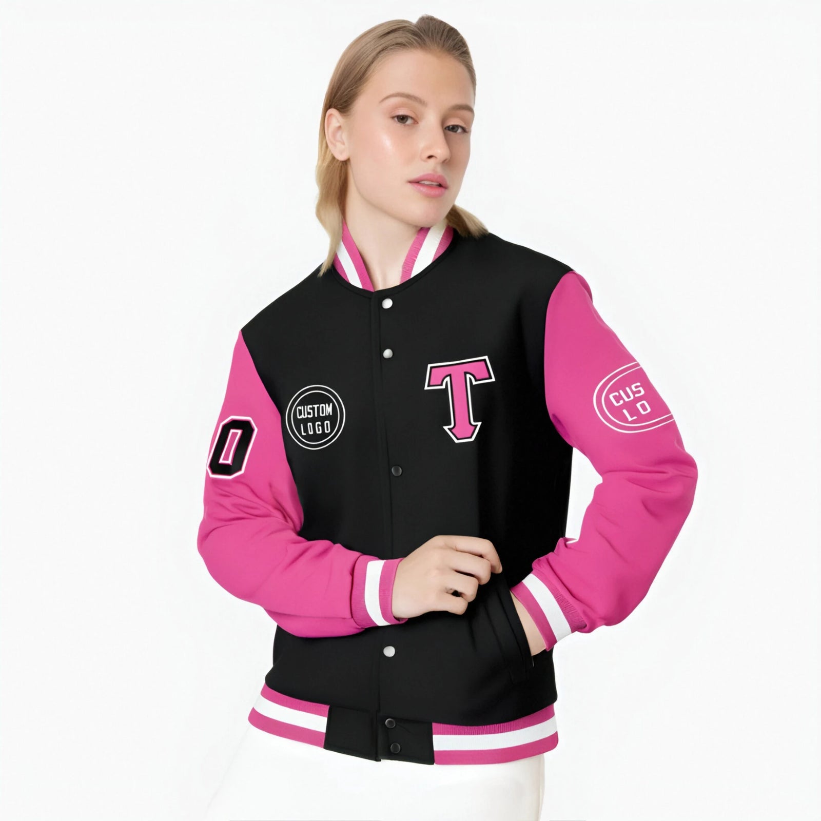 Custom Black Pink Bomber Full-Snap Varsity Letterman Two Tone Jacket