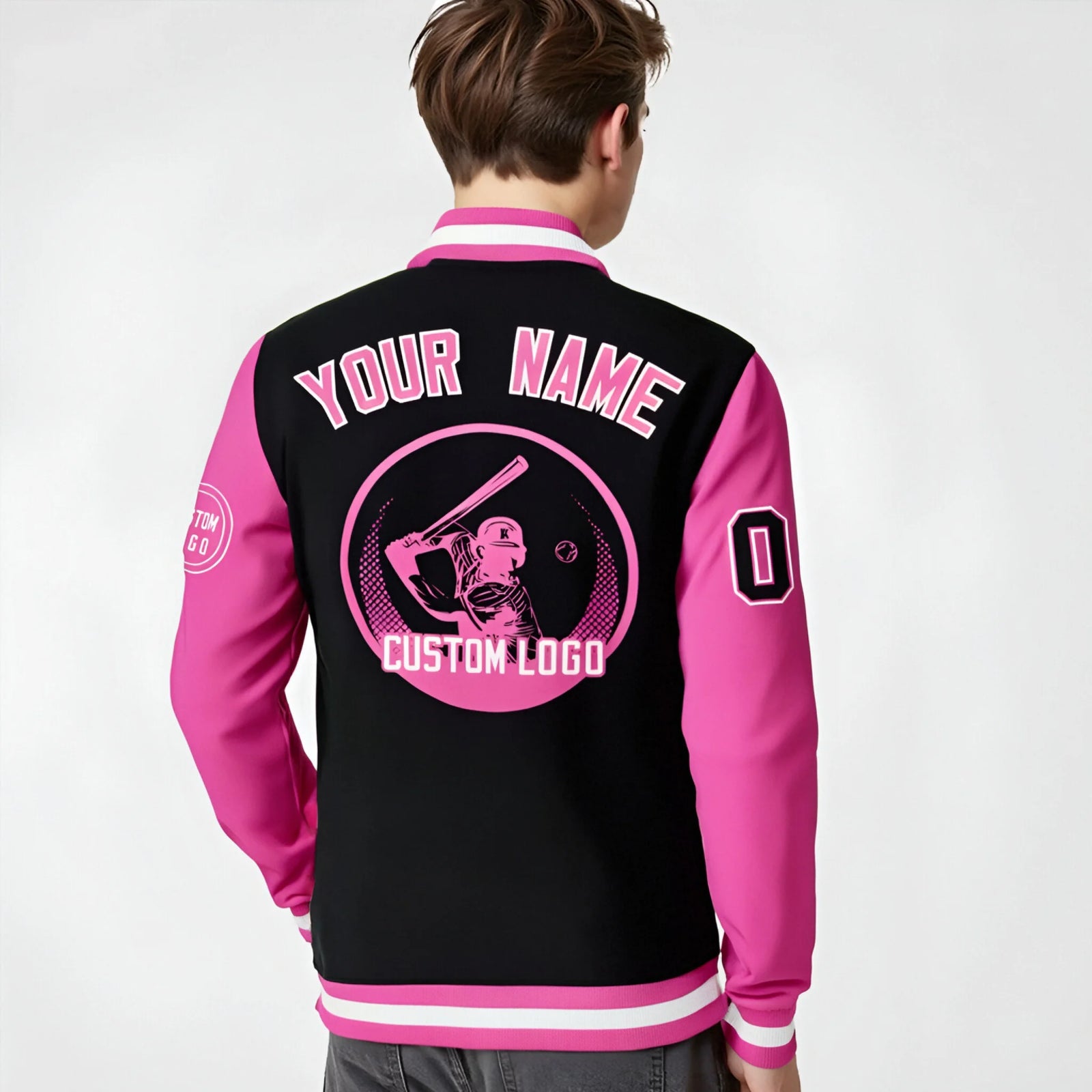 Custom Black Pink Bomber Full-Snap Varsity Letterman Two Tone Jacket