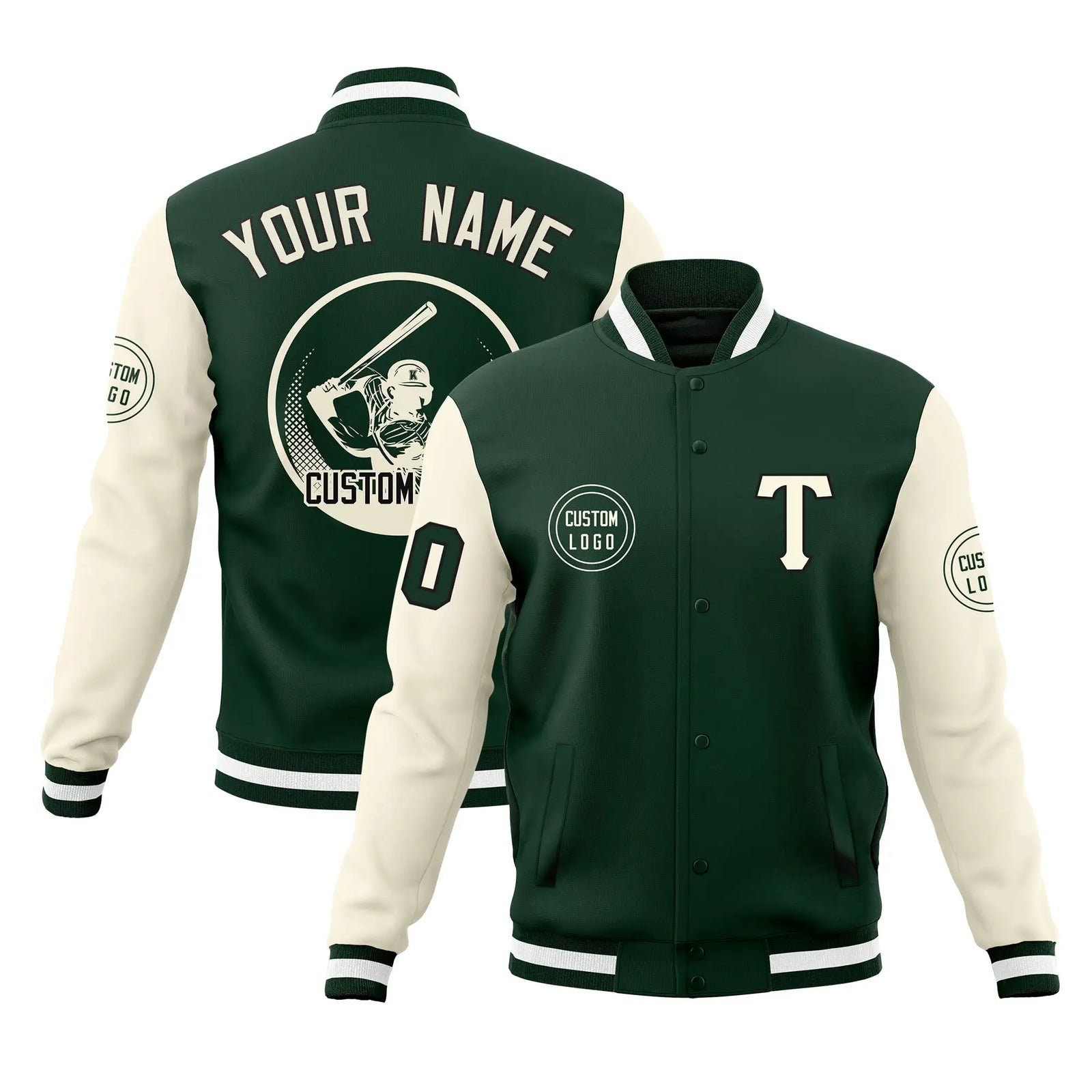 Custom Green Cream Bomber Full-Snap Varsity Letterman Two Tone Jacket