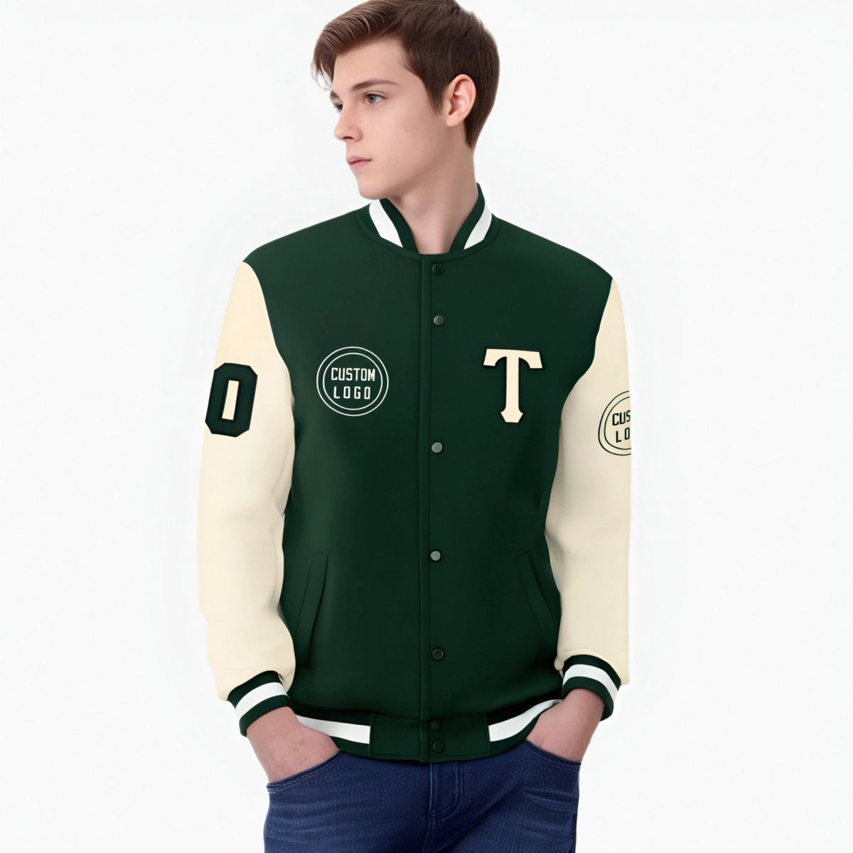 Custom Green Cream Bomber Full-Snap Varsity Letterman Two Tone Jacket