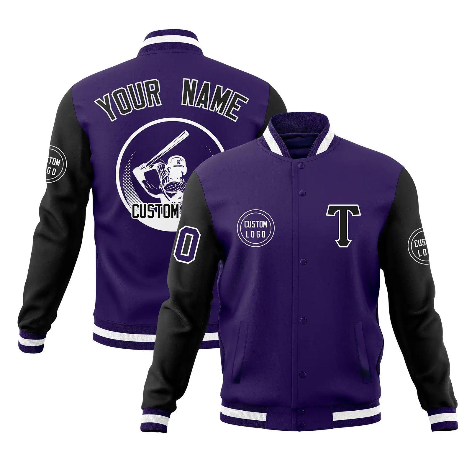 Custom Purple Black Bomber Full-Snap Varsity Letterman Two Tone Jacket