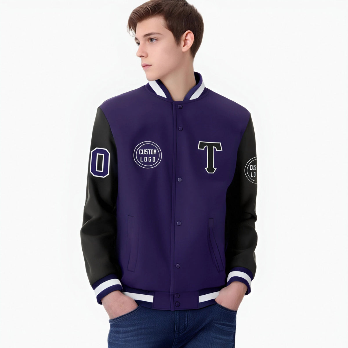 Custom Purple Black Bomber Full-Snap Varsity Letterman Two Tone Jacket