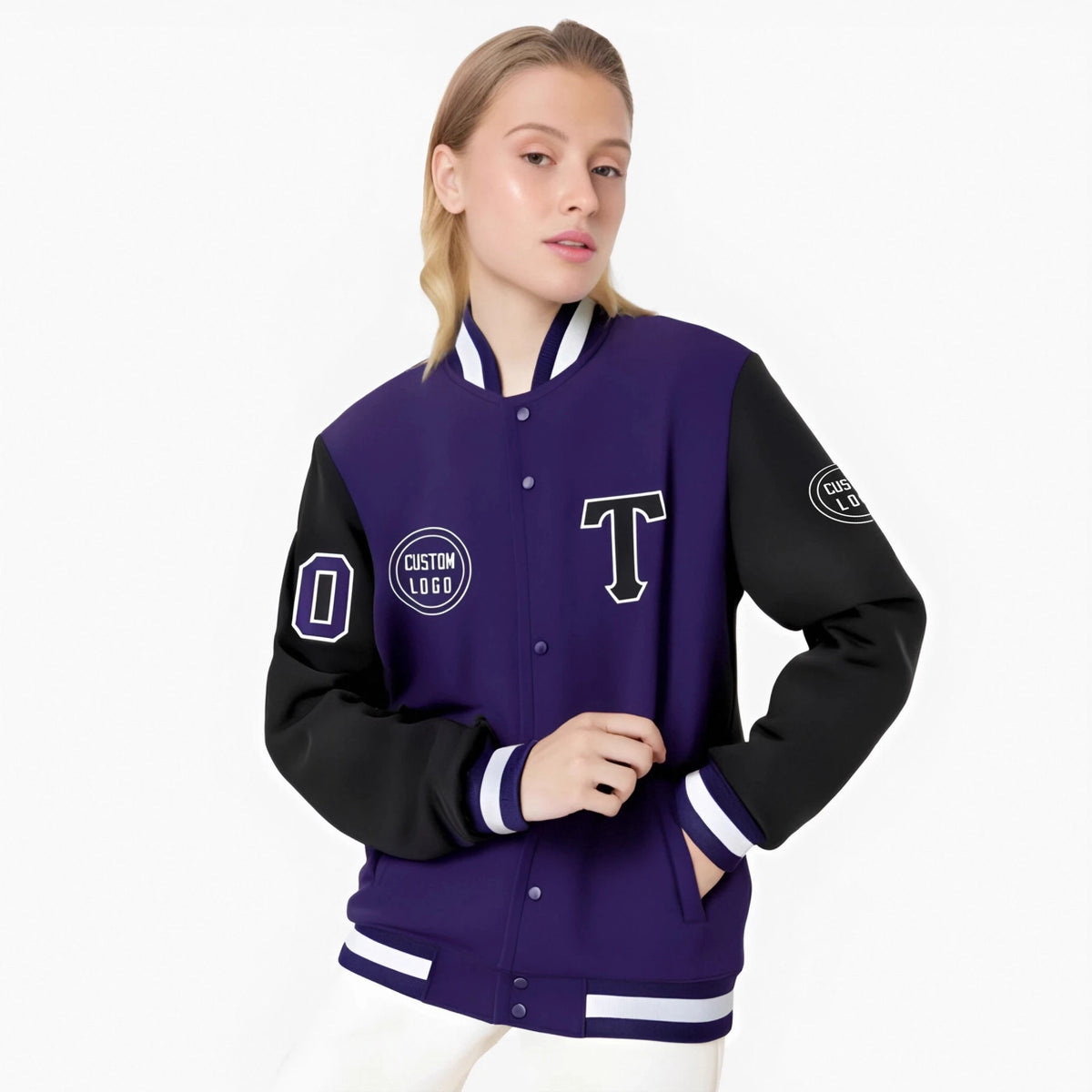 Custom Purple Black Bomber Full-Snap Varsity Letterman Two Tone Jacket