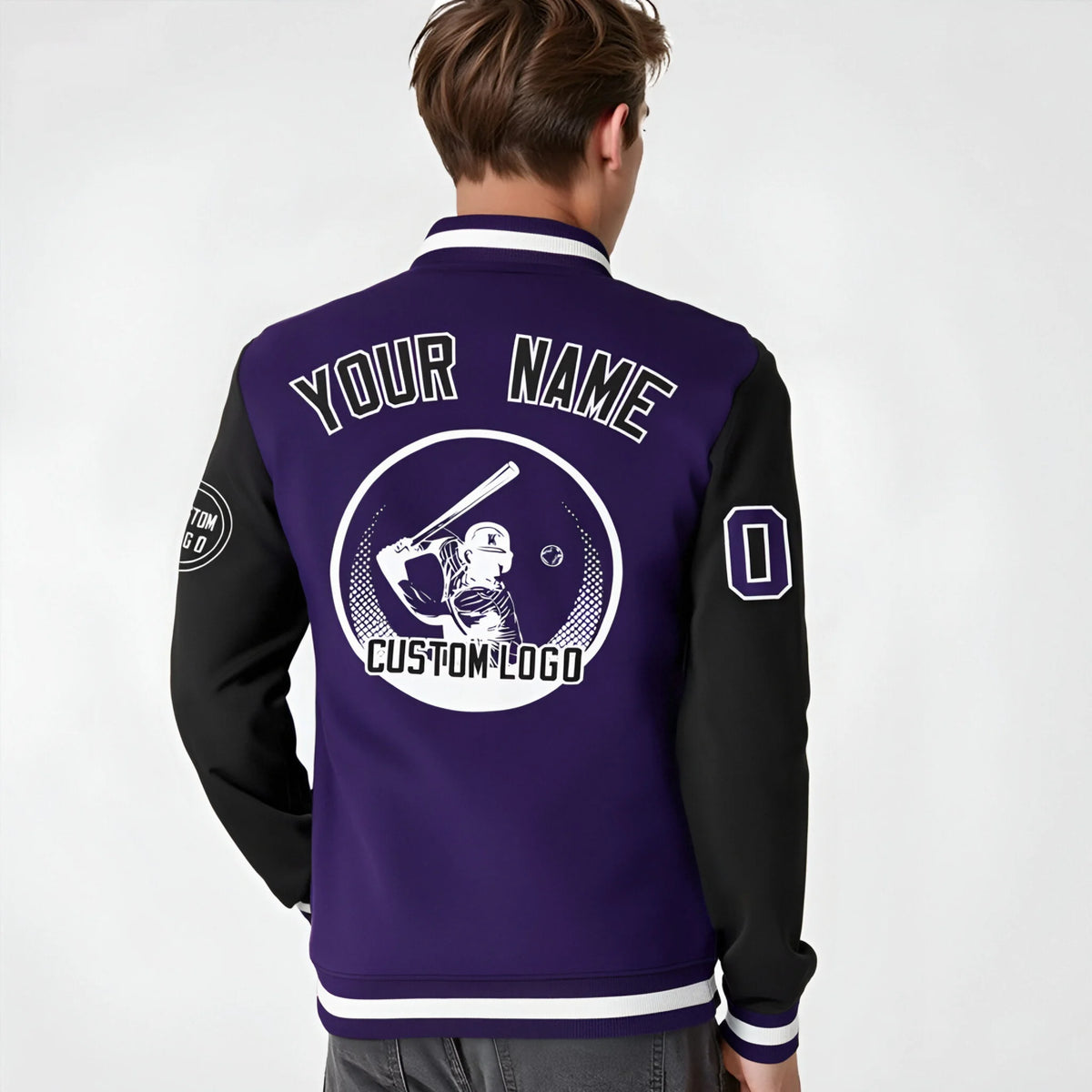 Custom Purple Black Bomber Full-Snap Varsity Letterman Two Tone Jacket