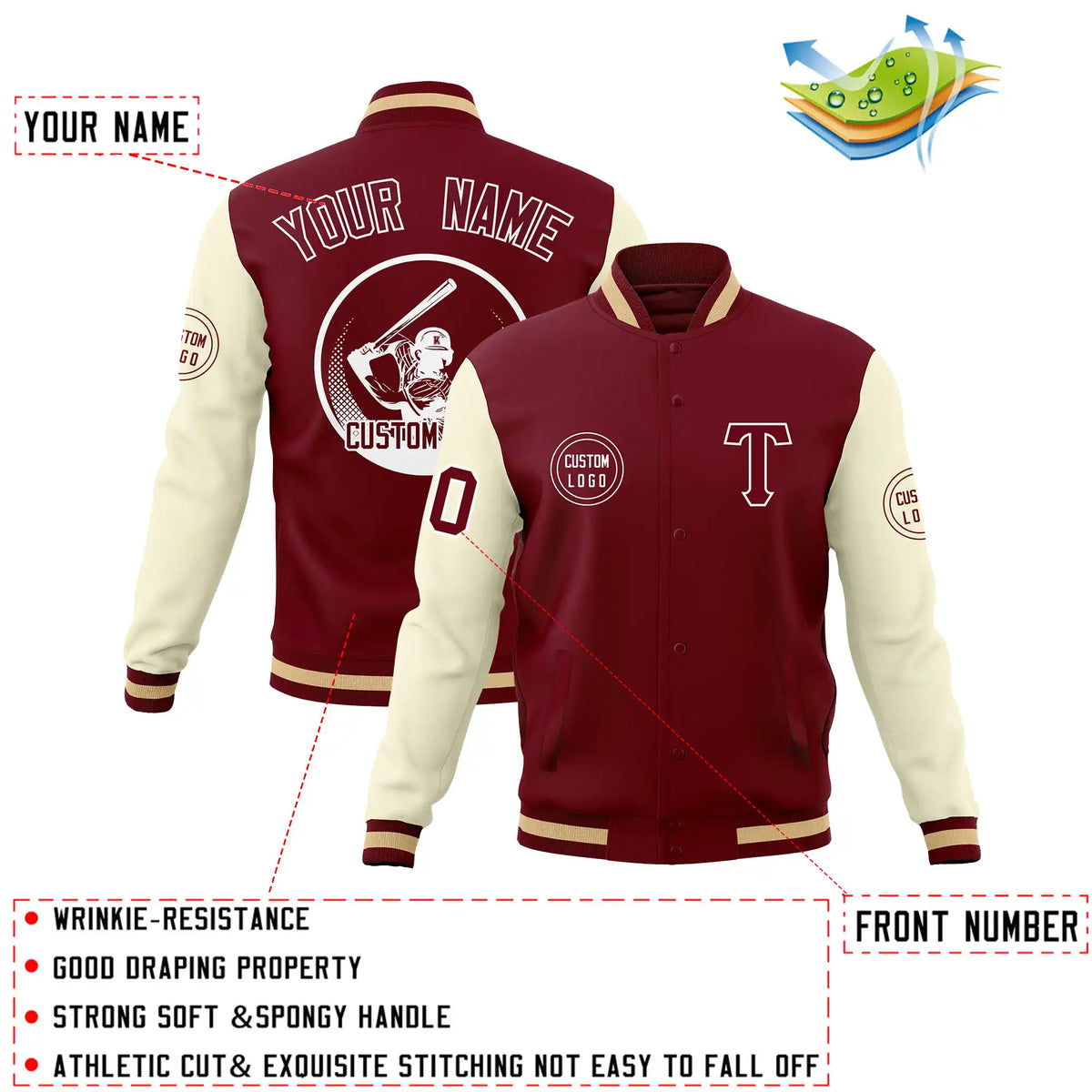 Custom Crimson Khaki Bomber Full-Snap Varsity Letterman Two Tone Jacket