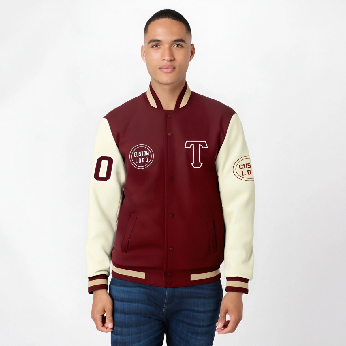 Custom Crimson Khaki Bomber Full-Snap Varsity Letterman Two Tone Jacket