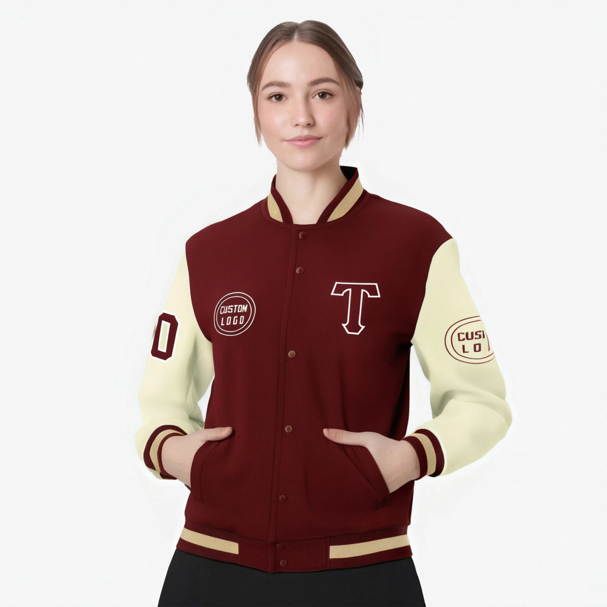 Custom Crimson Khaki Bomber Full-Snap Varsity Letterman Two Tone Jacket