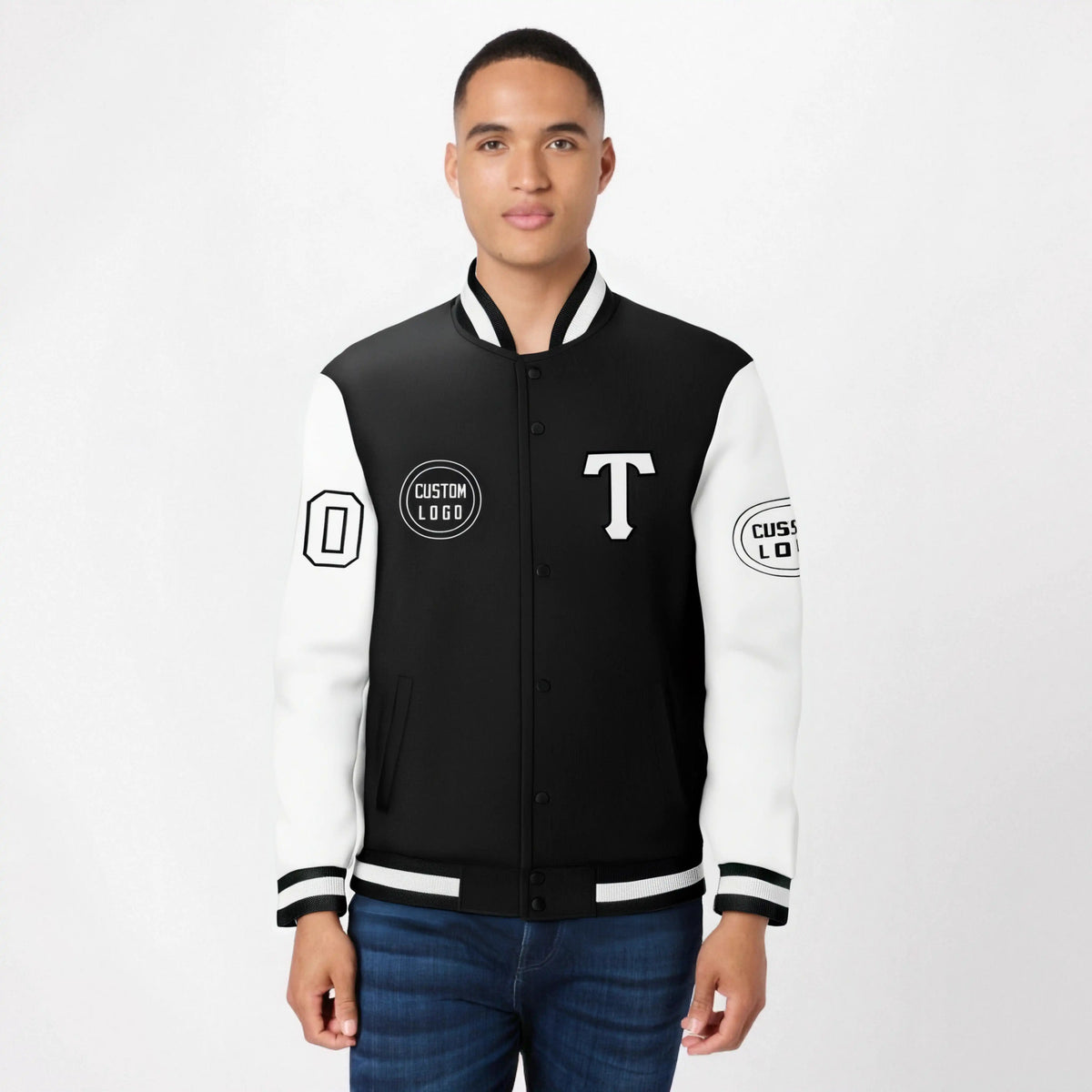 Custom Black White Bomber Full-Snap Varsity Letterman Two Tone Jacket