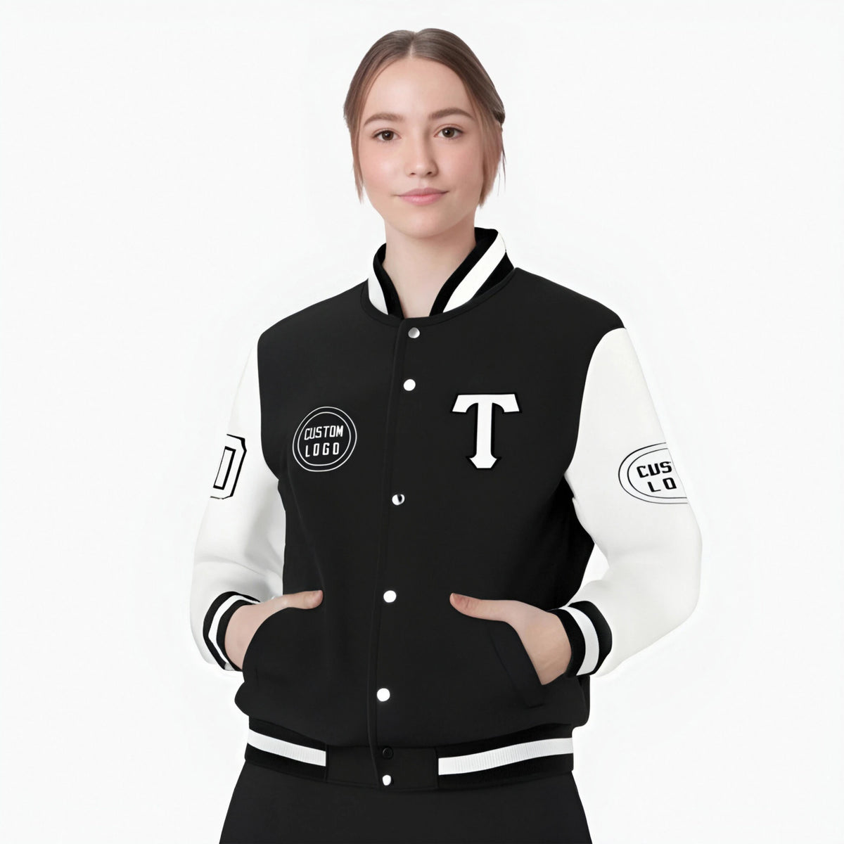 Custom Black White Bomber Full-Snap Varsity Letterman Two Tone Jacket