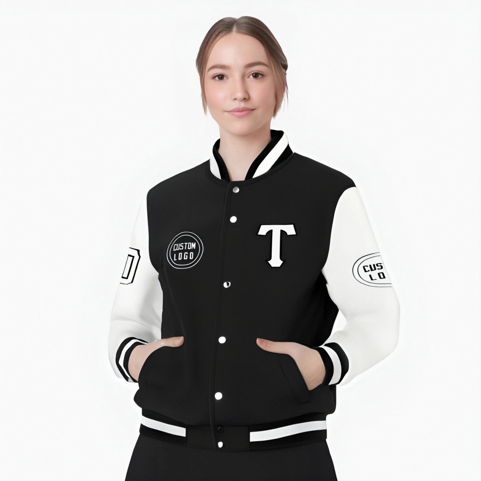 Custom Black White Bomber Full-Snap Varsity Letterman Two Tone Jacket