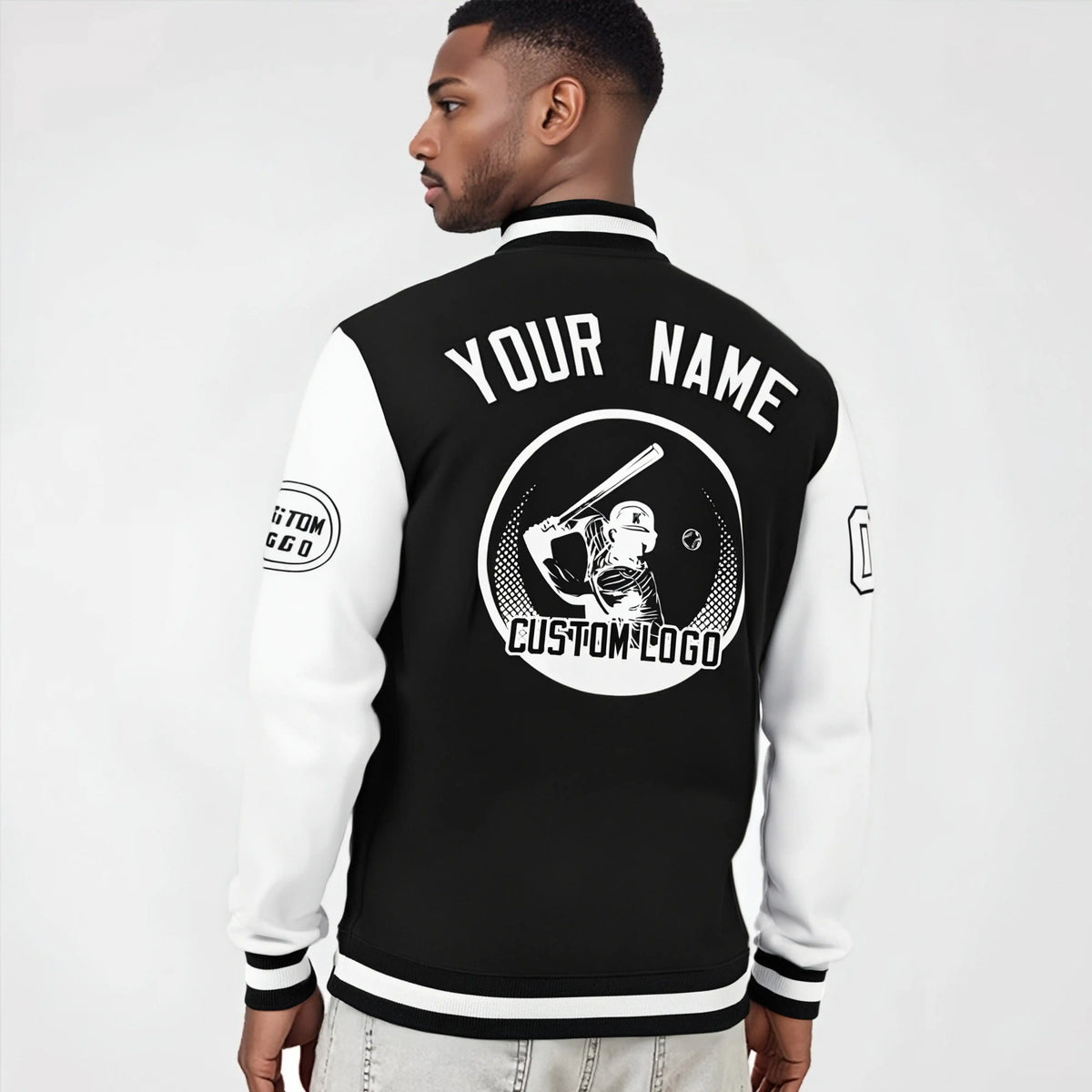 Custom Black White Bomber Full-Snap Varsity Letterman Two Tone Jacket