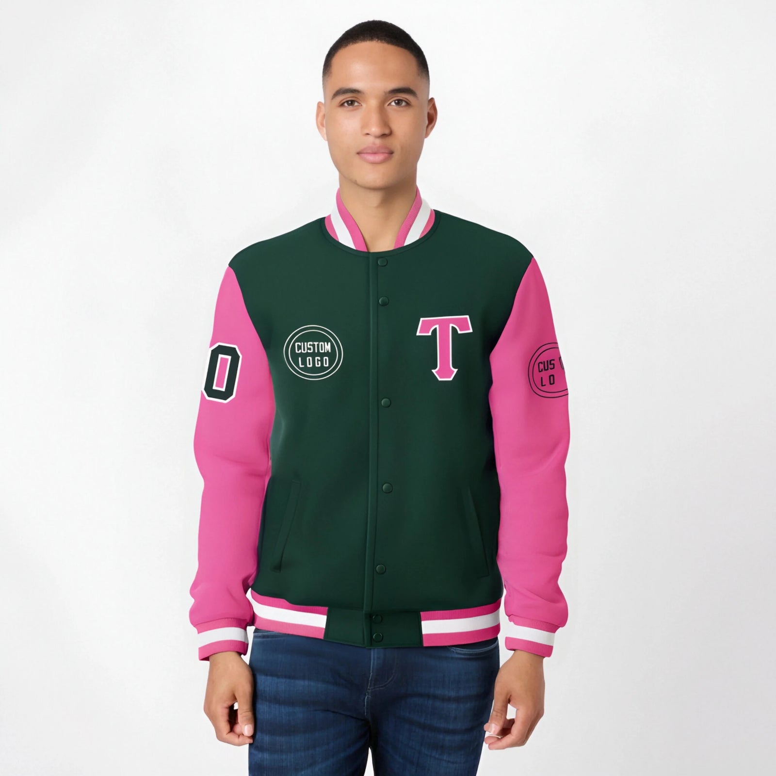 Custom Green Pink Bomber Full-Snap Varsity Letterman Two Tone Jacket