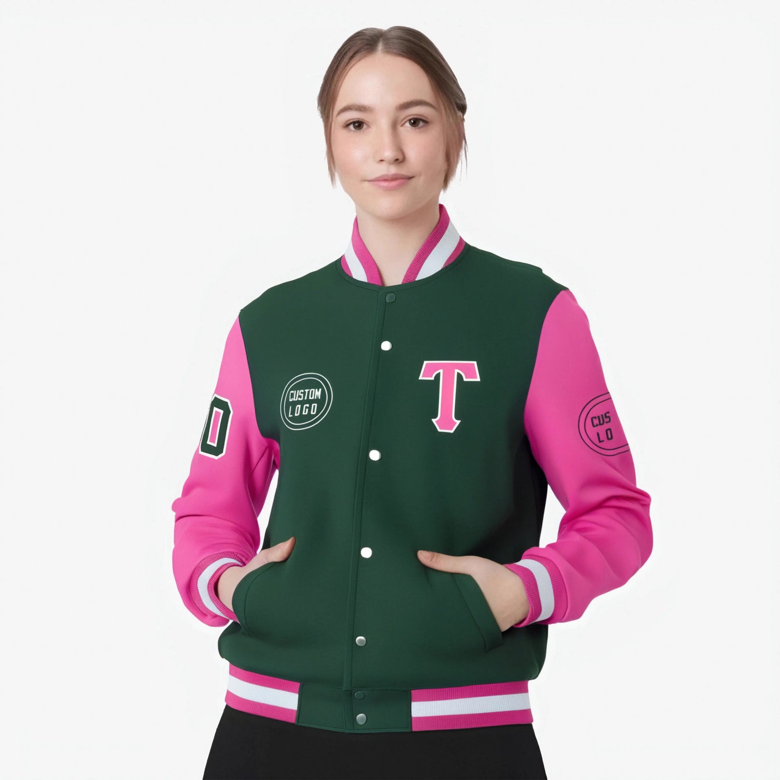 Custom Green Pink Bomber Full-Snap Varsity Letterman Two Tone Jacket
