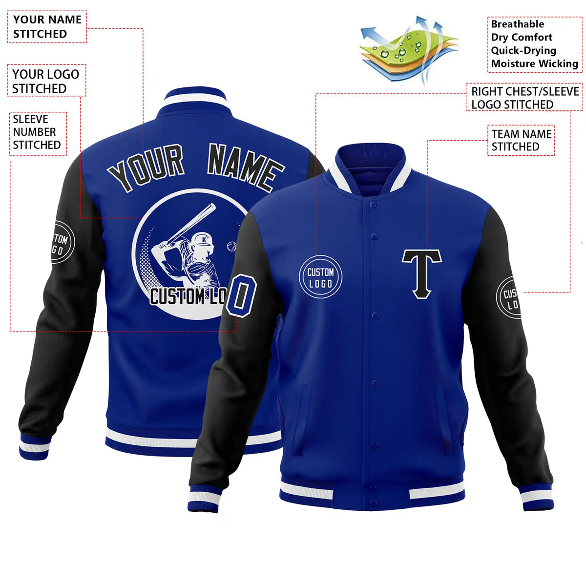 Custom Royal Blue White Bomber Full-Snap Varsity Letterman Two Tone Jacket