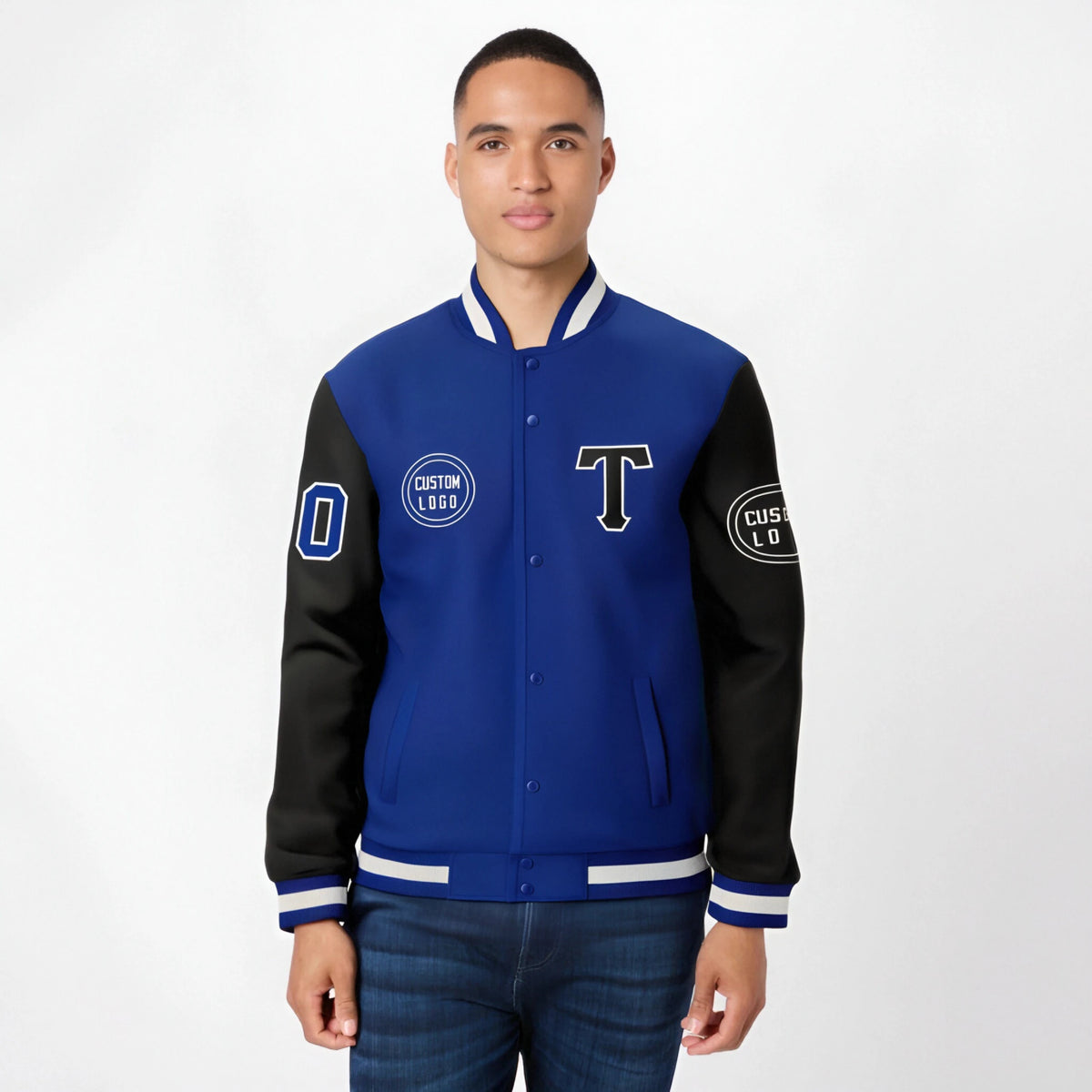 Custom Royal Blue White Bomber Full-Snap Varsity Letterman Two Tone Jacket