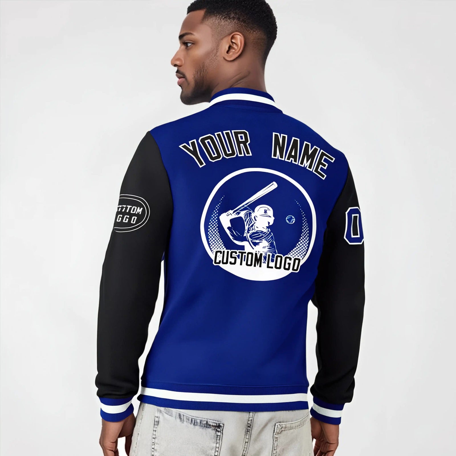 Custom Royal Blue White Bomber Full-Snap Varsity Letterman Two Tone Jacket