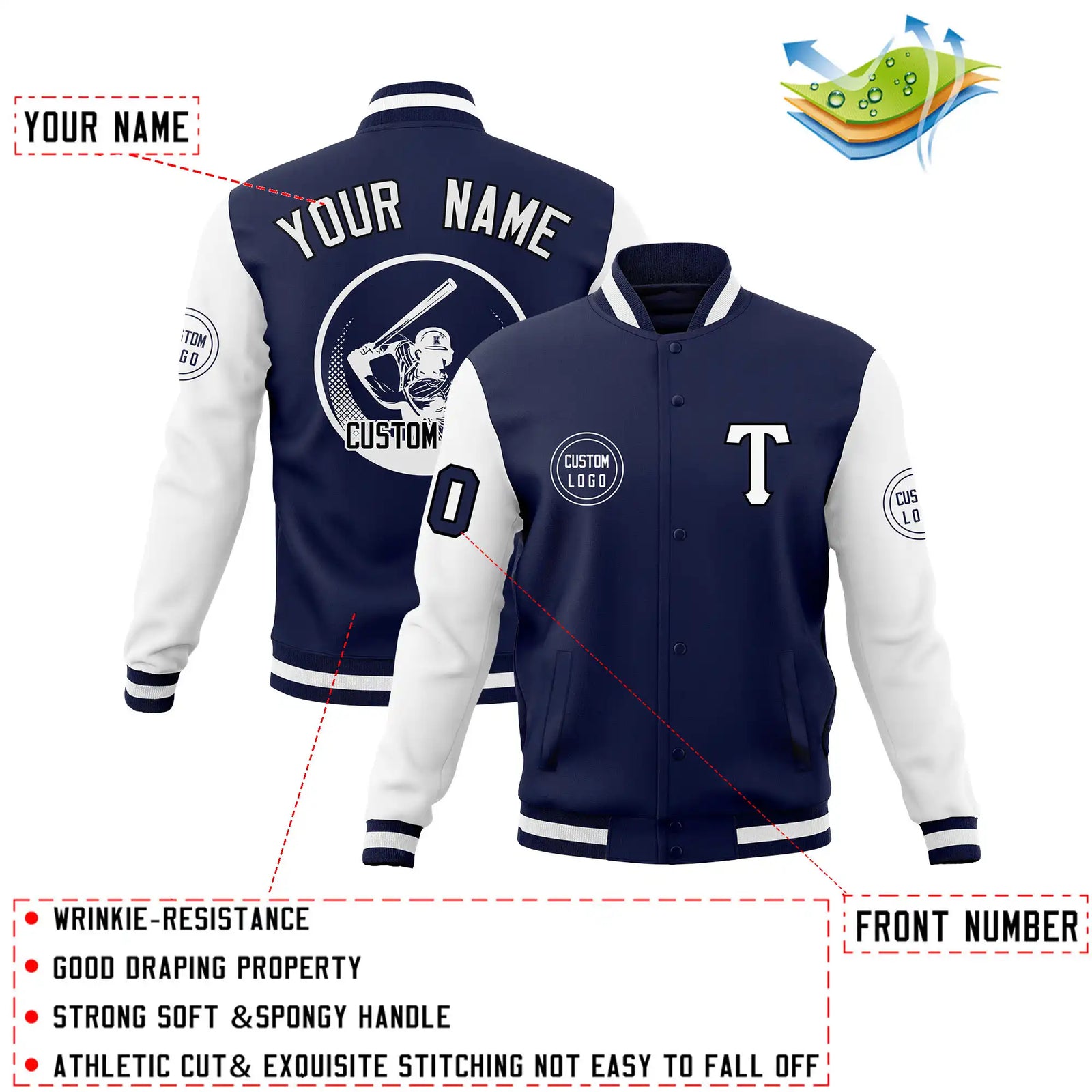 Custom Navy White Bomber Full-Snap Varsity Letterman Two Tone Jacket