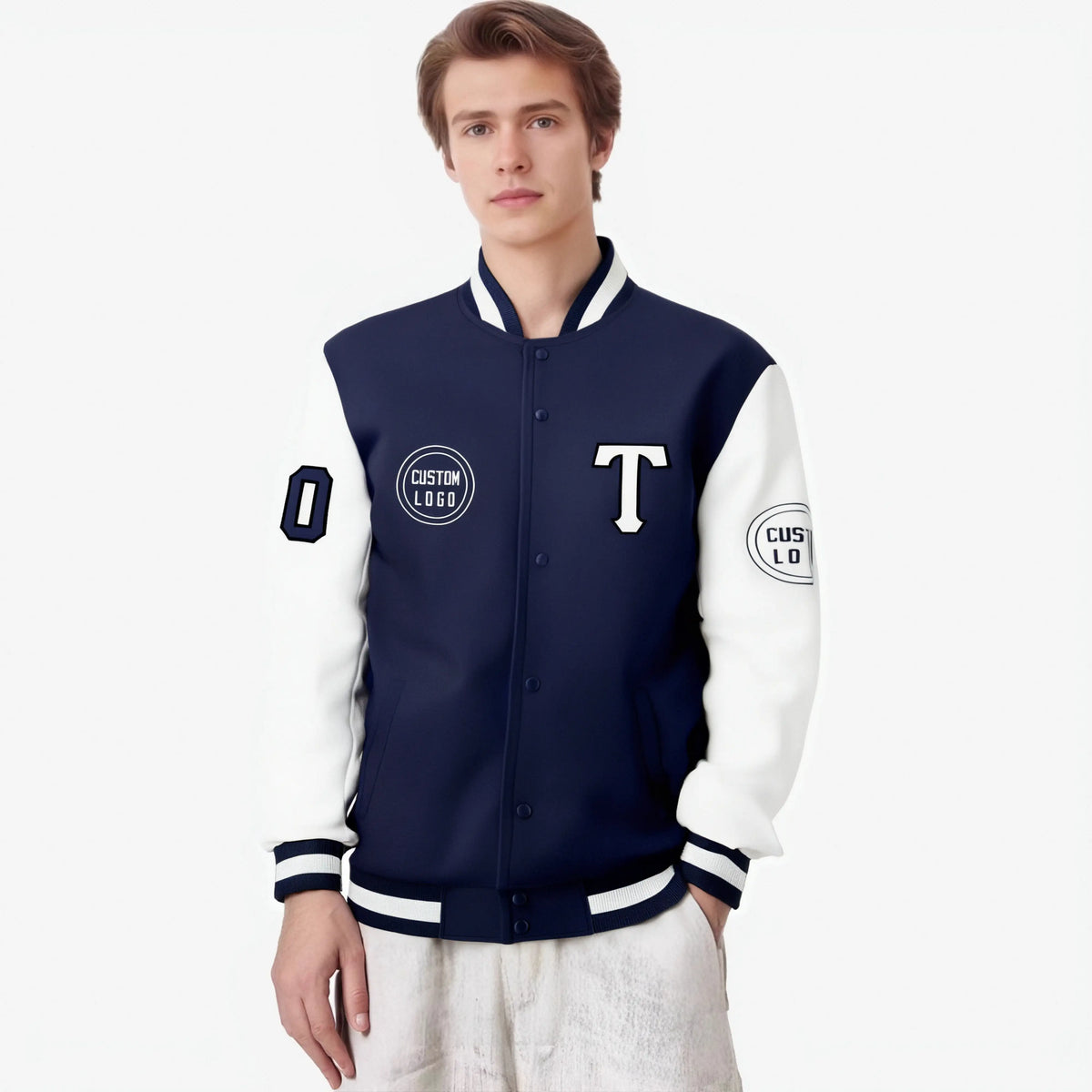 Custom Navy White Bomber Full-Snap Varsity Letterman Two Tone Jacket