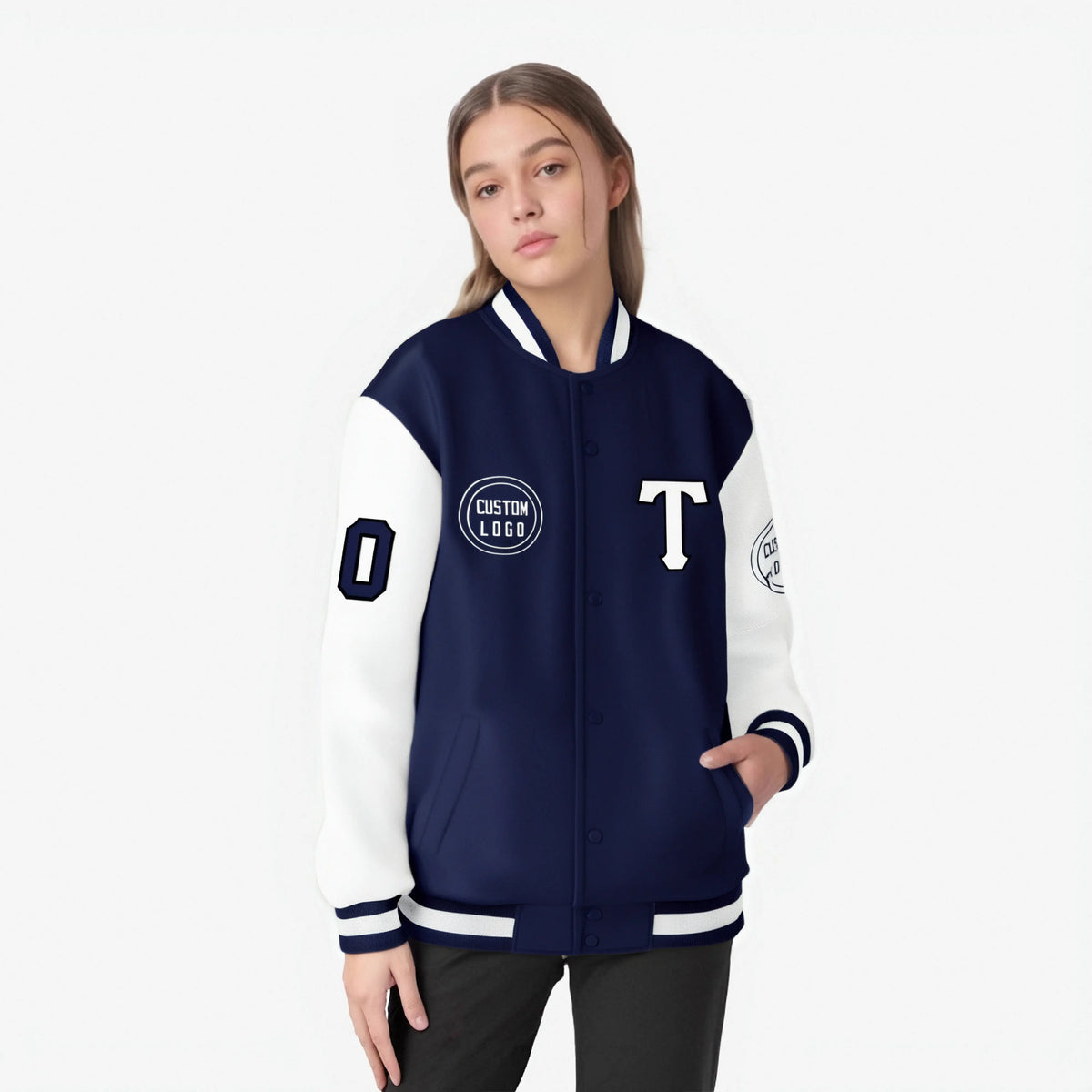 Custom Navy White Bomber Full-Snap Varsity Letterman Two Tone Jacket