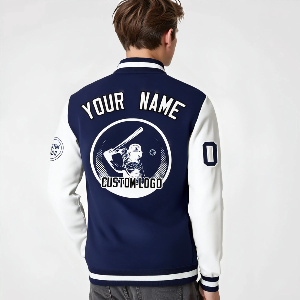 Custom Navy White Bomber Full-Snap Varsity Letterman Two Tone Jacket