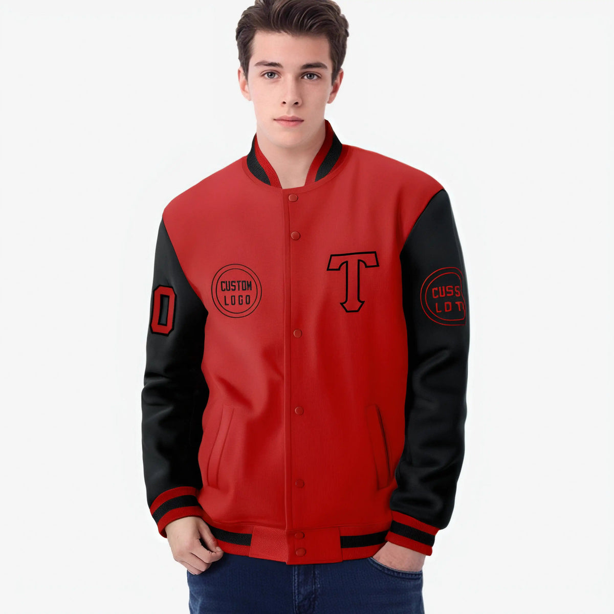 Custom Red Black Bomber Full-Snap Varsity Letterman Two Tone Jacket