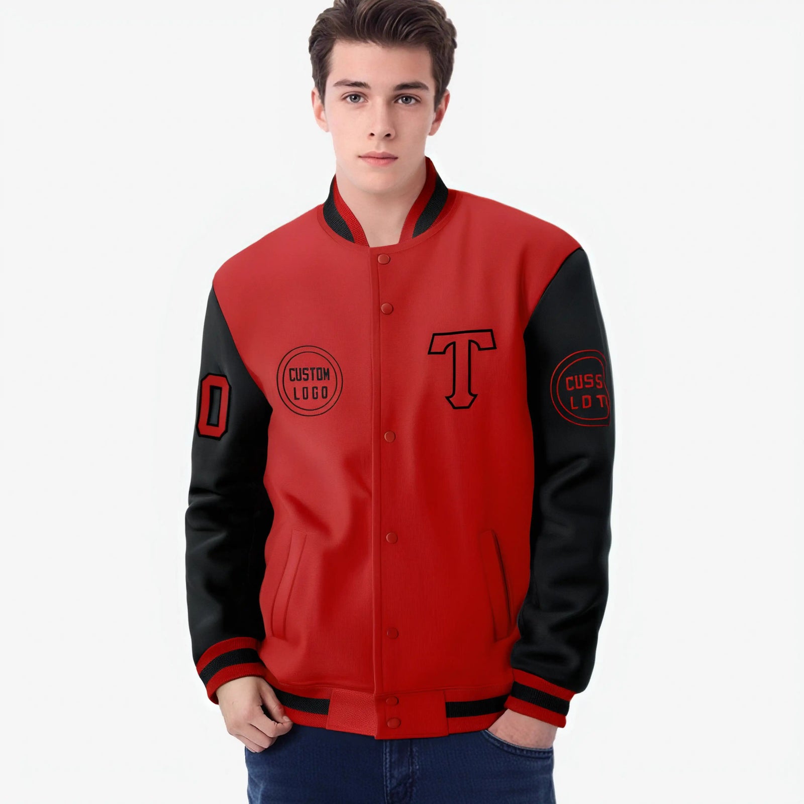 Custom Red Black Bomber Full-Snap Varsity Letterman Two Tone Jacket