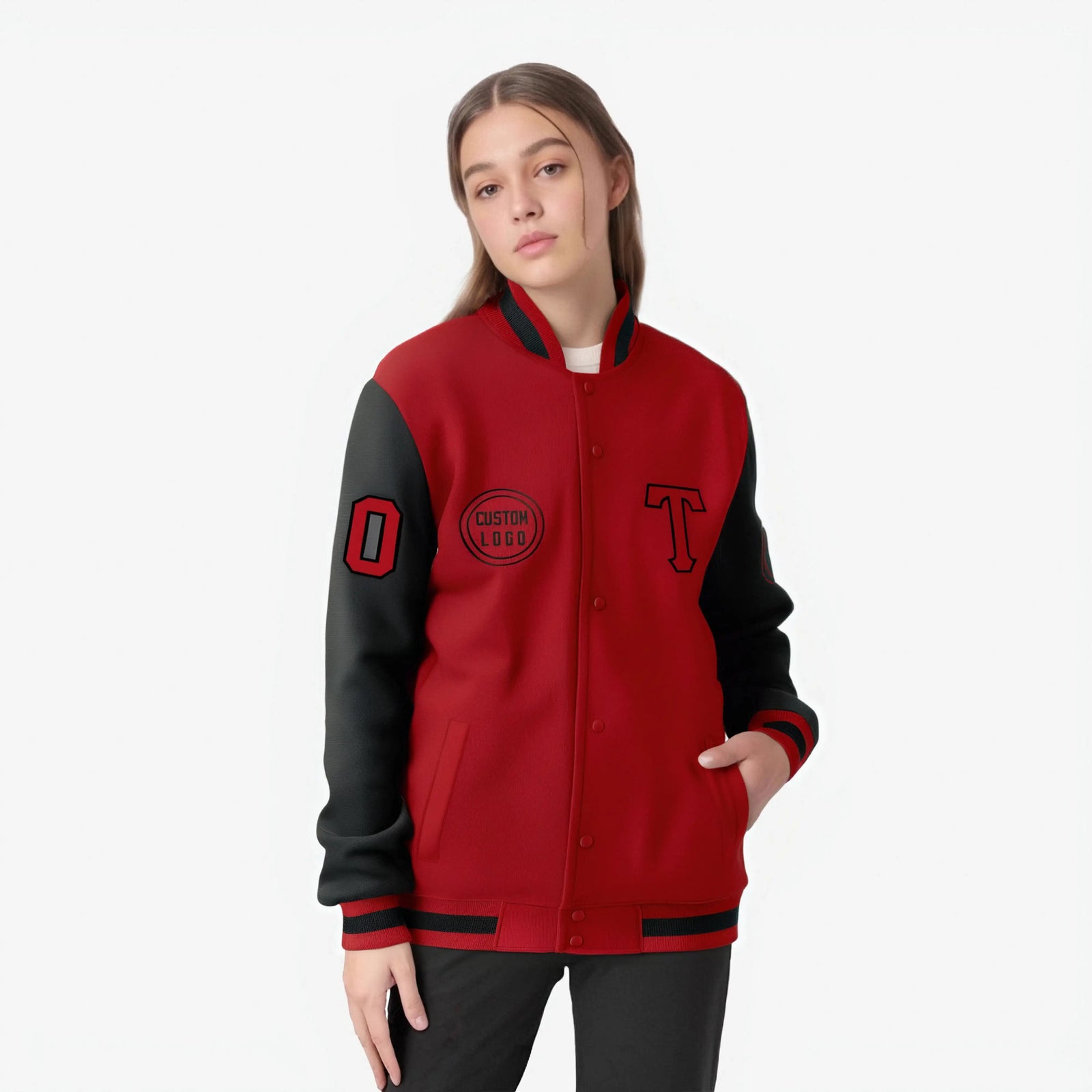 Custom Red Black Bomber Full-Snap Varsity Letterman Two Tone Jacket