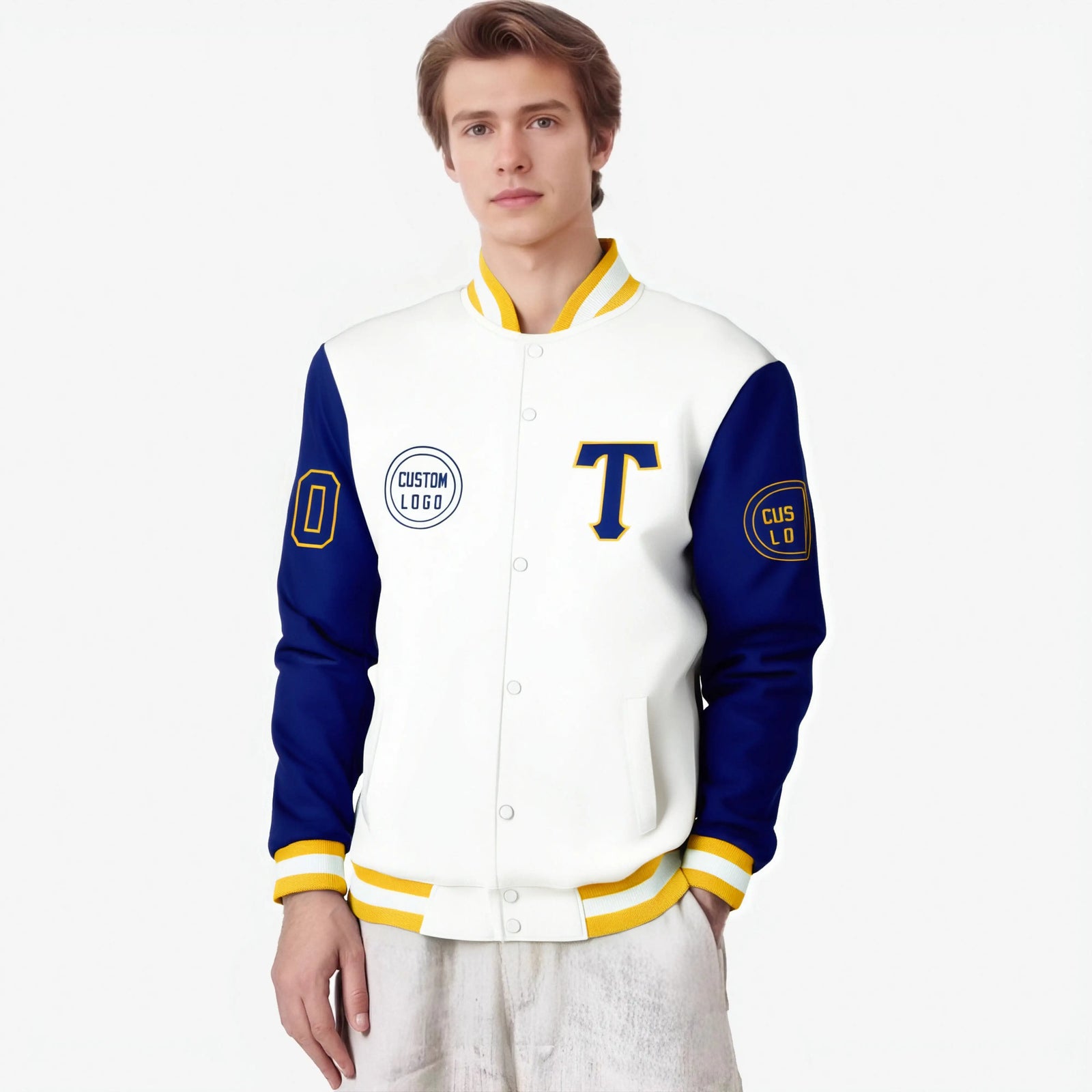 Custom White Royal Blue Bomber Full-Snap Varsity Letterman Two Tone Jacket