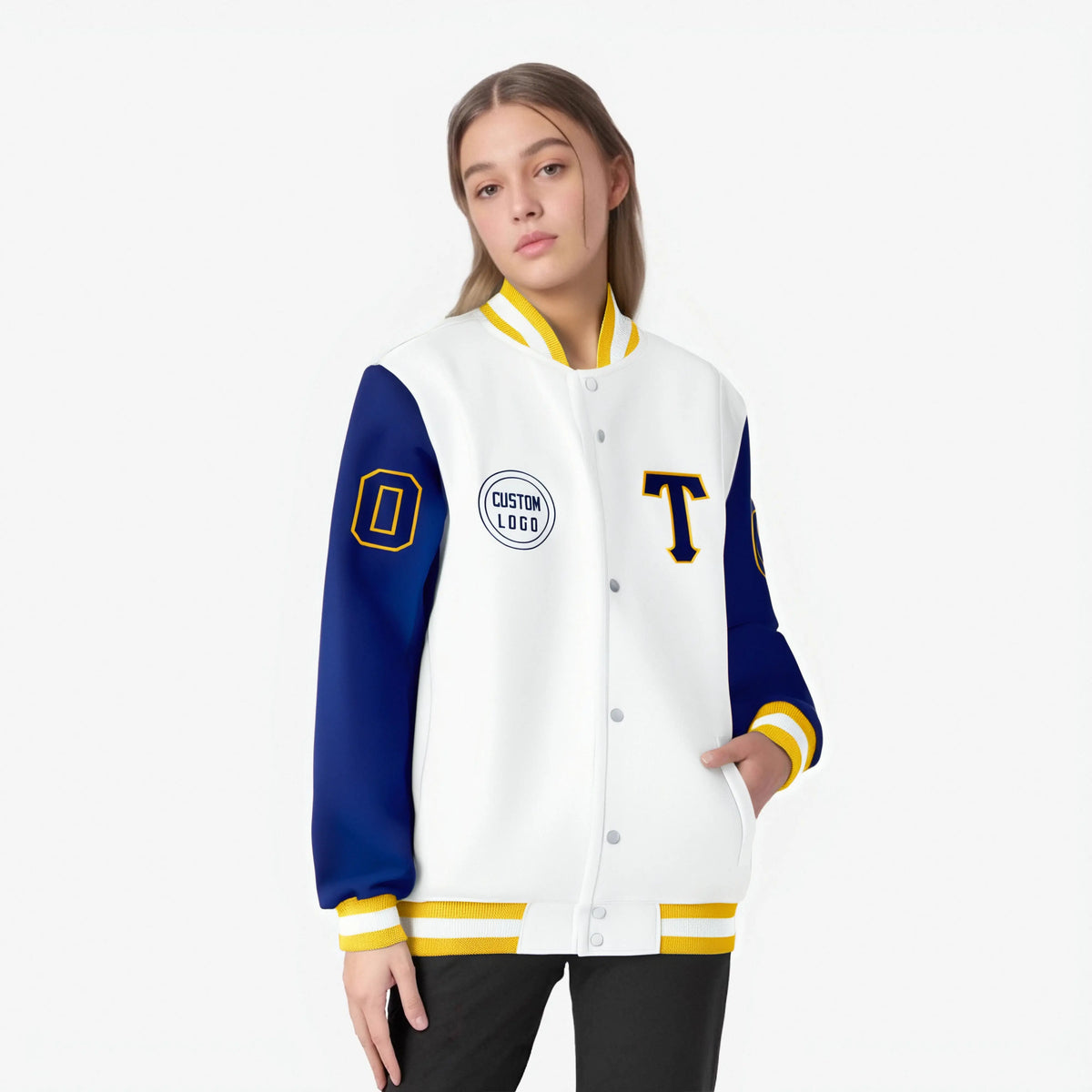 Custom White Royal Blue Bomber Full-Snap Varsity Letterman Two Tone Jacket