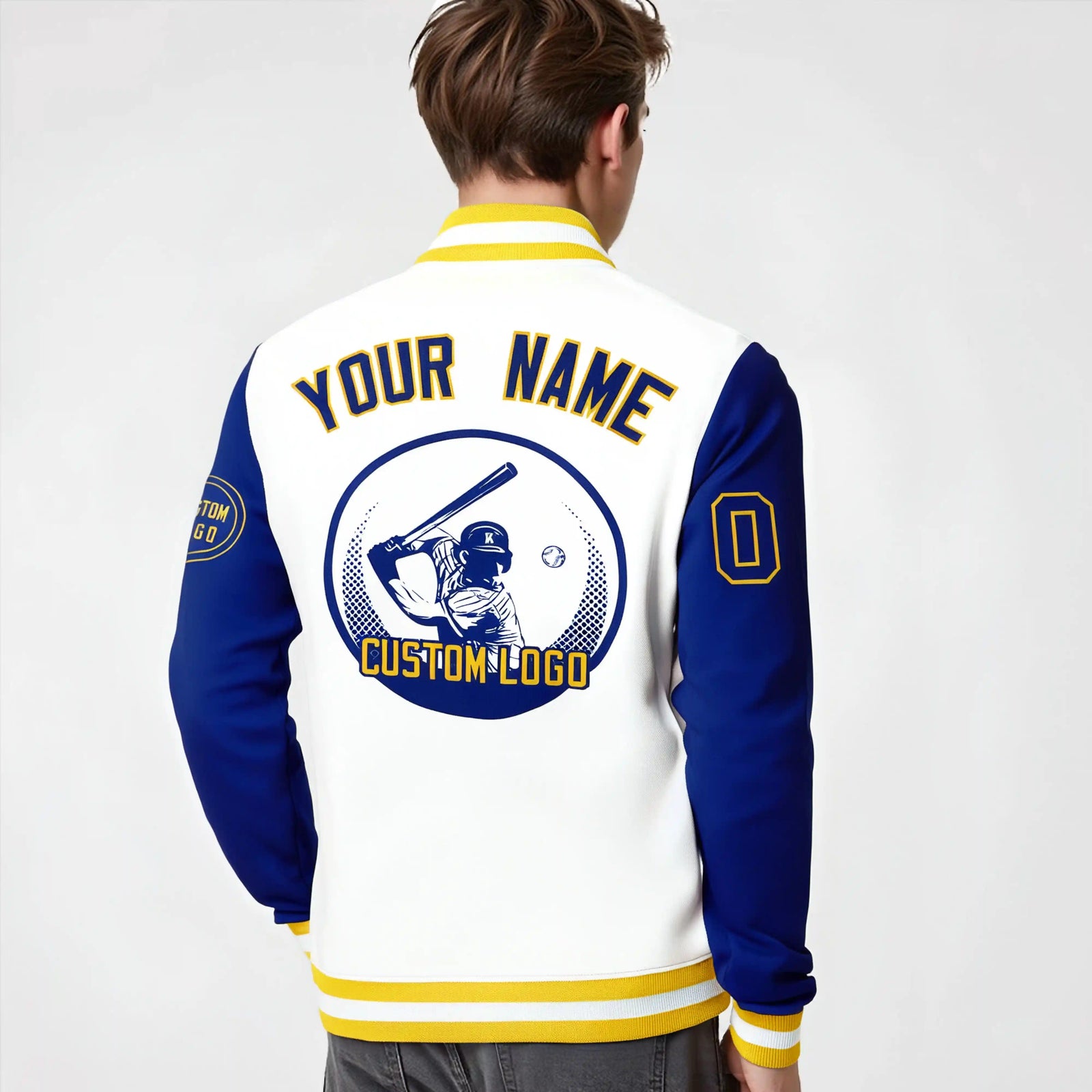 Custom White Royal Blue Bomber Full-Snap Varsity Letterman Two Tone Jacket