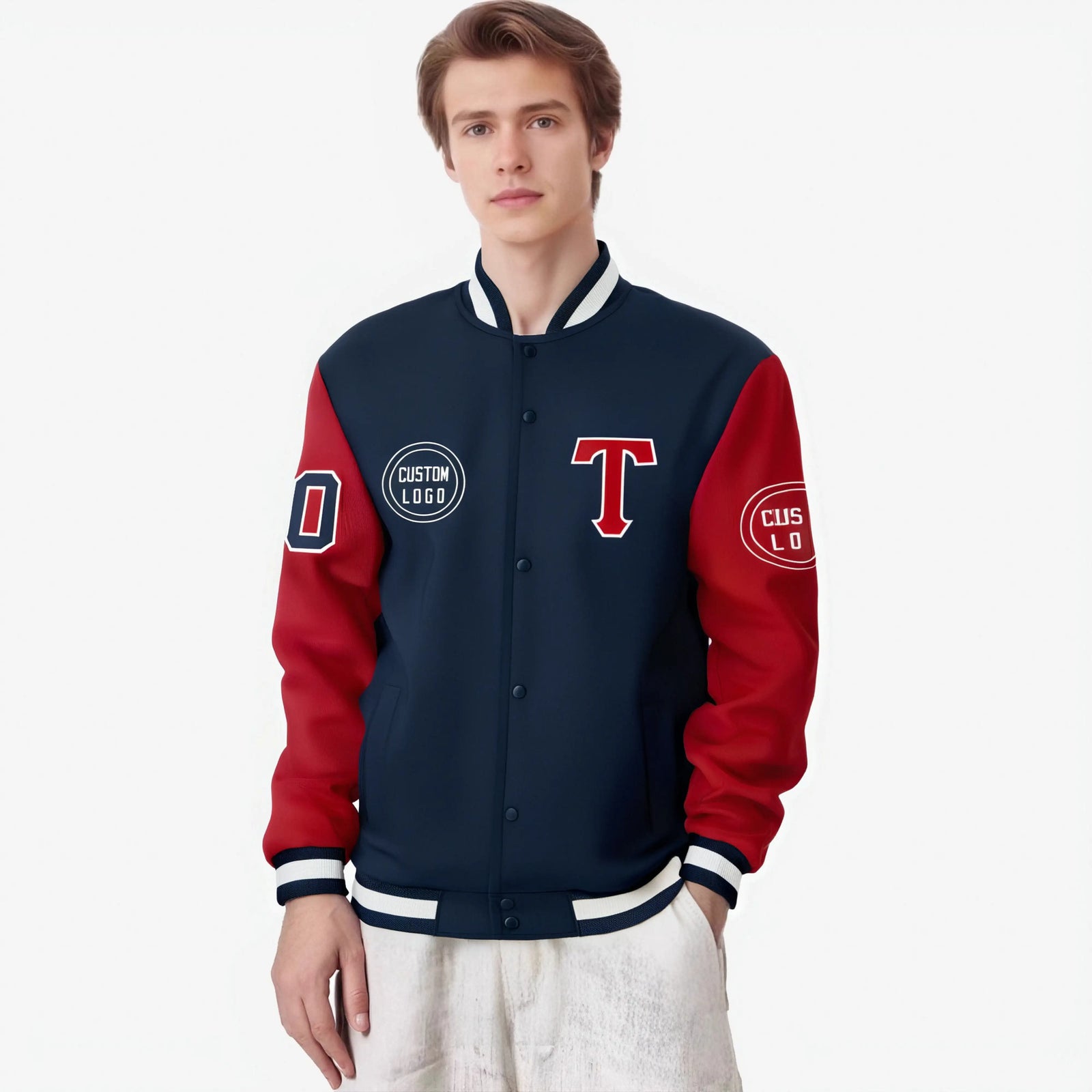 Custom Navy Red Bomber Full-Snap Varsity Letterman Two Tone Jacket