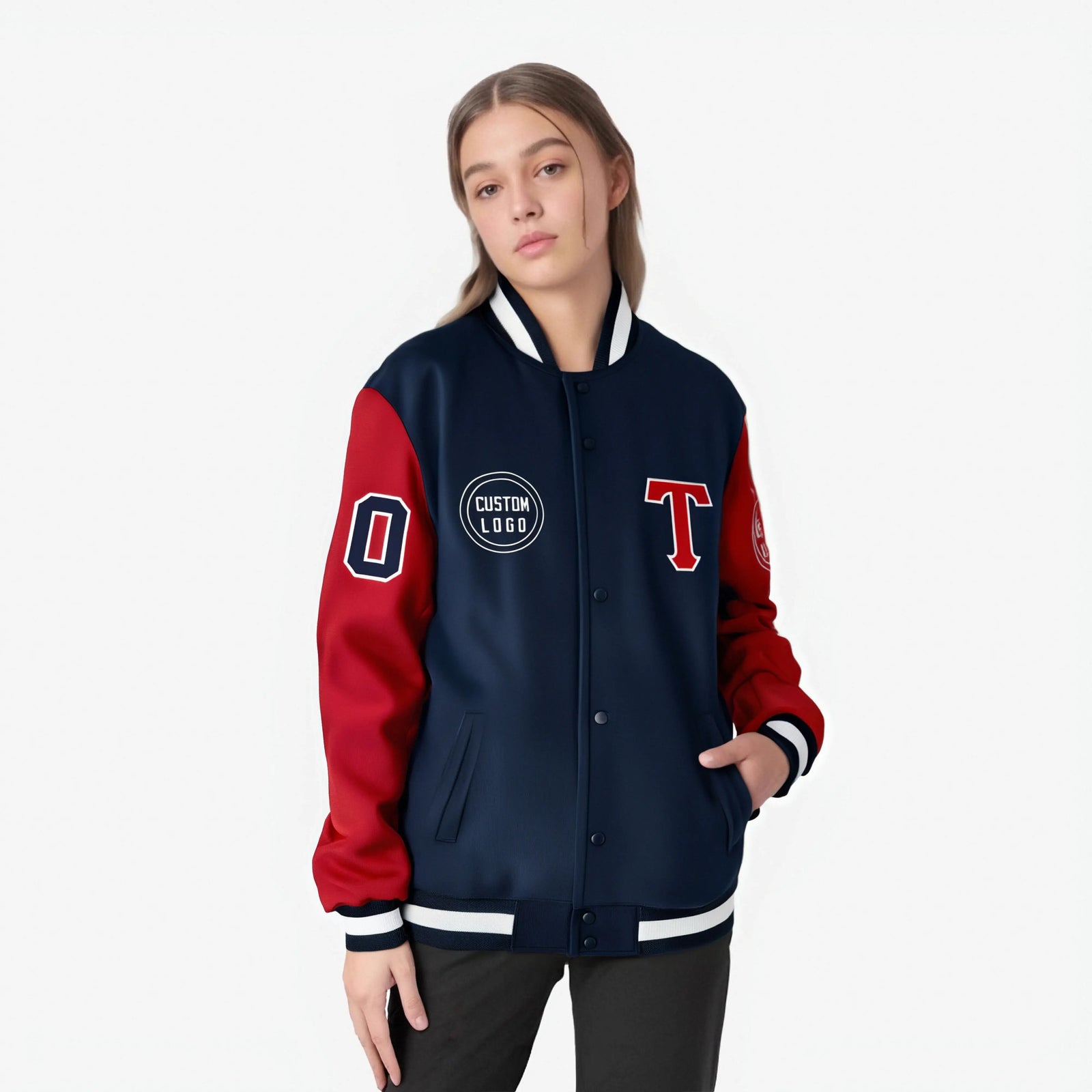 Custom Navy Red Bomber Full-Snap Varsity Letterman Two Tone Jacket
