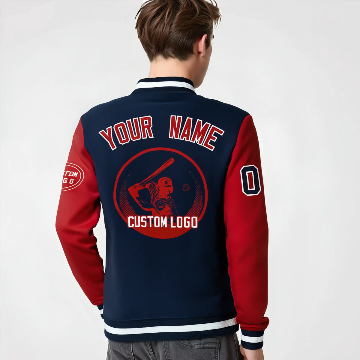 Custom Navy Red Bomber Full-Snap Varsity Letterman Two Tone Jacket