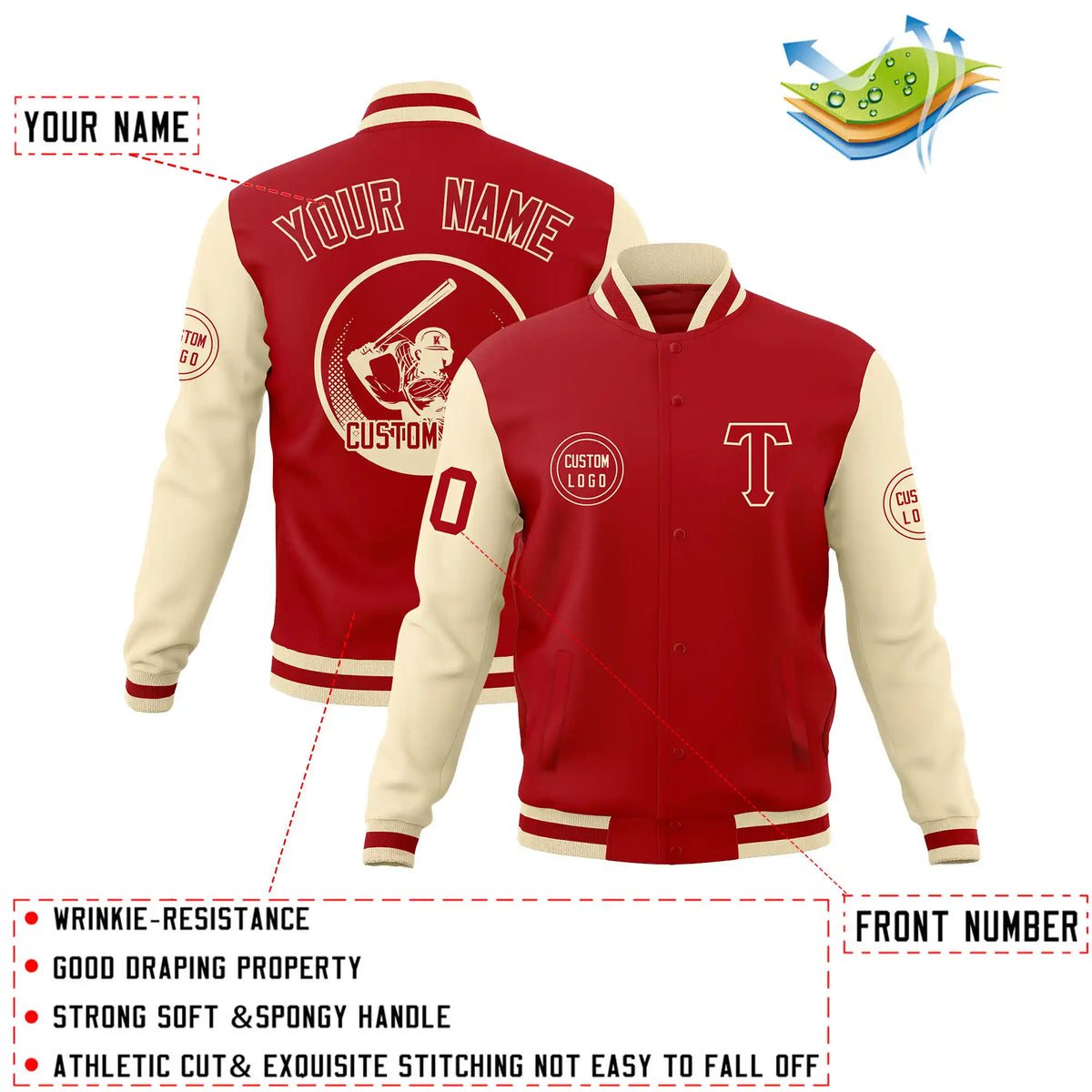 Custom Red Cream Bomber Full-Snap Varsity Letterman Two Tone Jacket