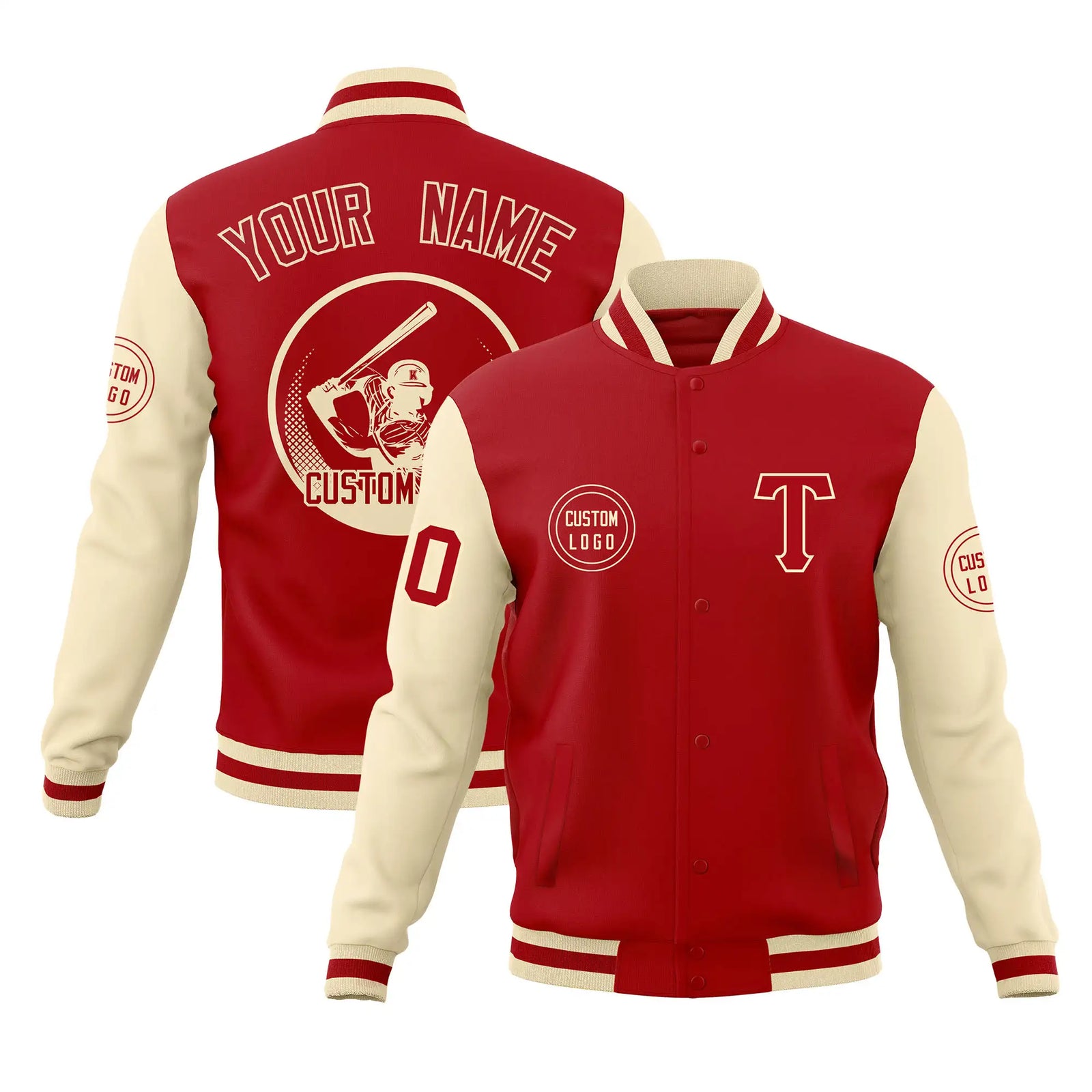 Custom Red Cream Bomber Full-Snap Varsity Letterman Two Tone Jacket