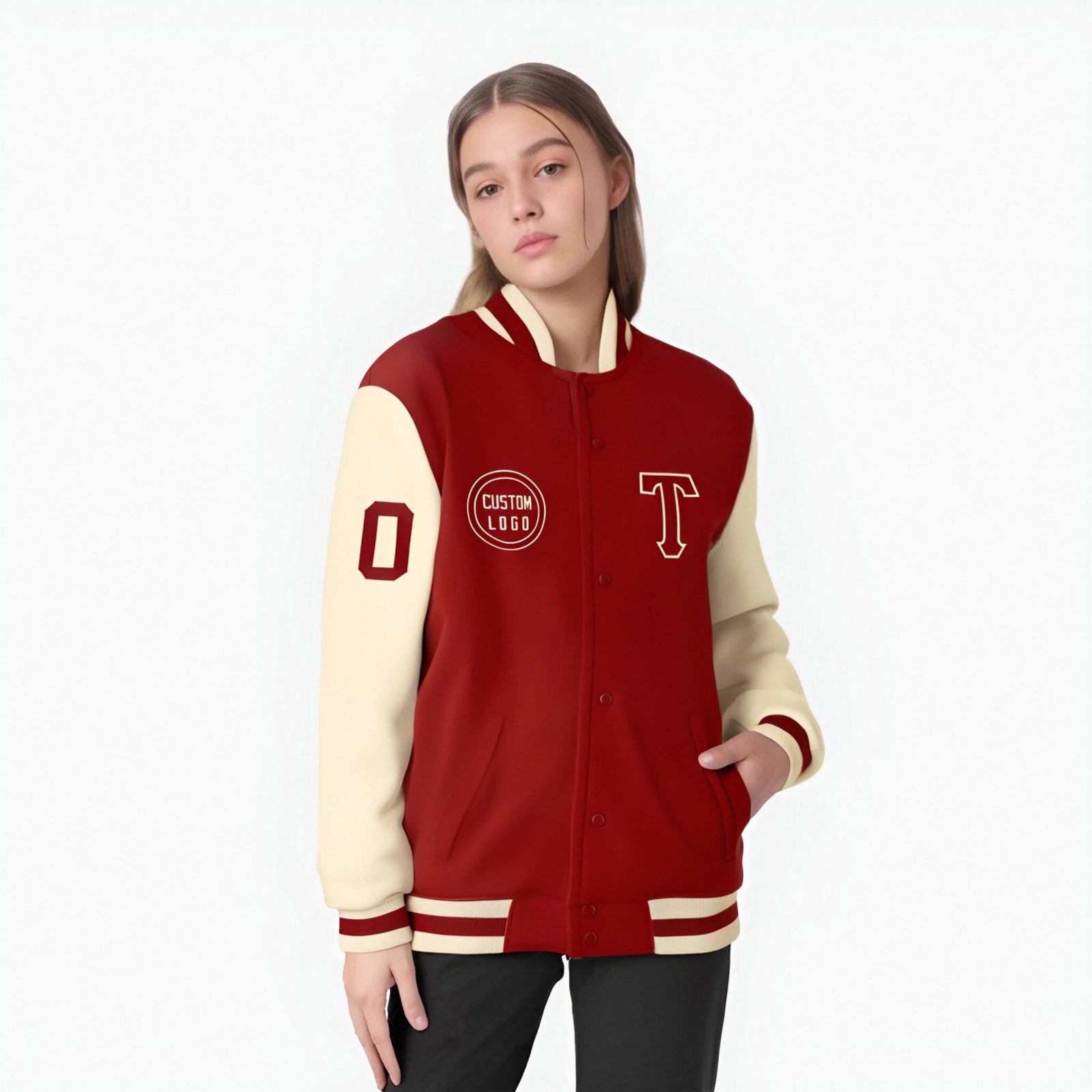Custom Red Cream Bomber Full-Snap Varsity Letterman Two Tone Jacket