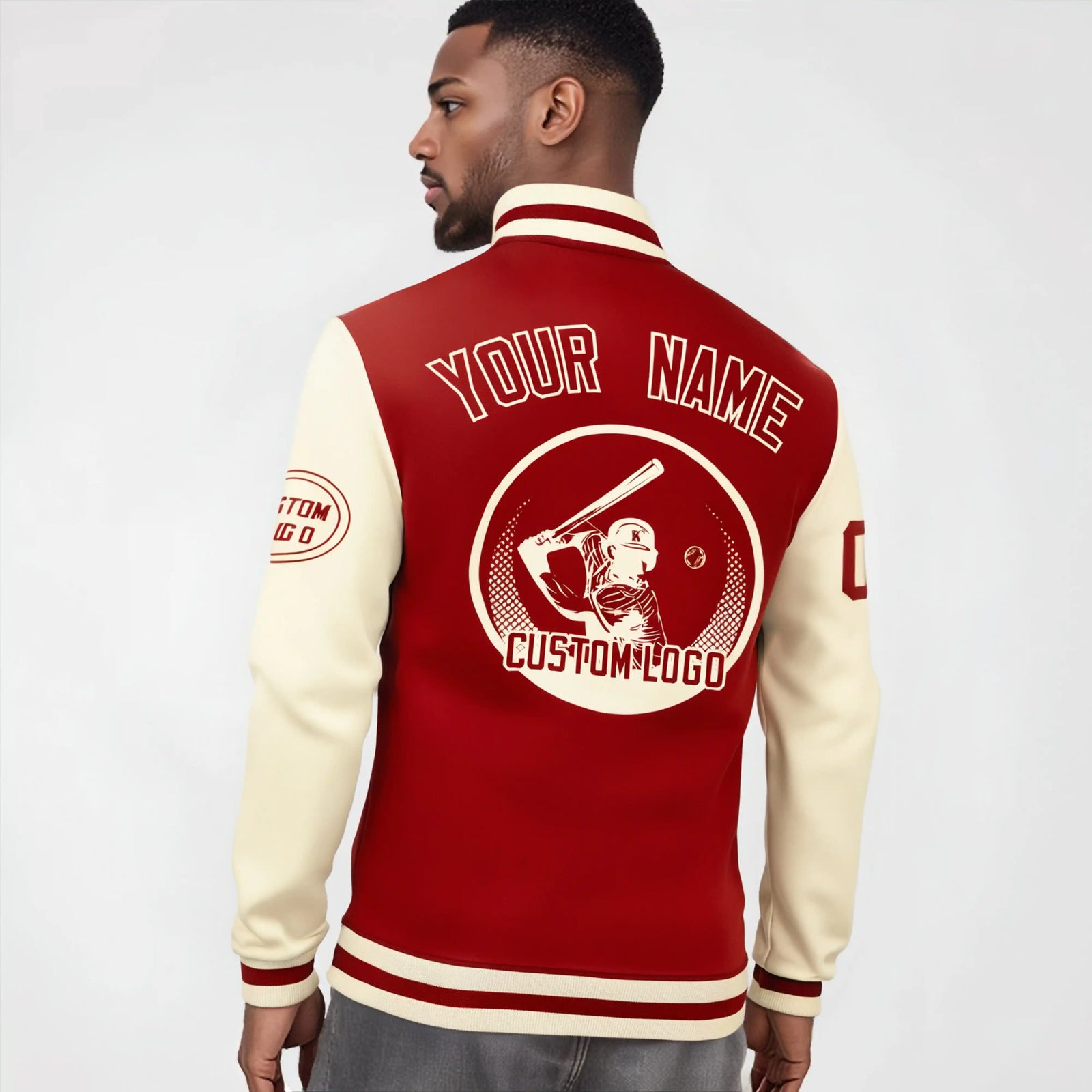 Custom Red Cream Bomber Full-Snap Varsity Letterman Two Tone Jacket