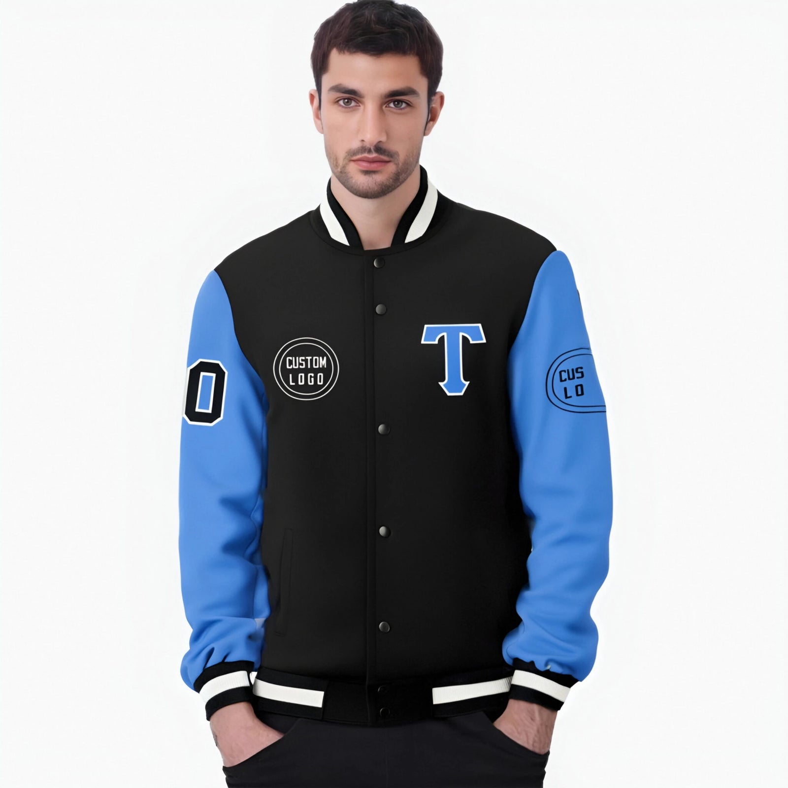 Custom Black Powder Blue Bomber Full-Snap Varsity Letterman Two Tone Jacket