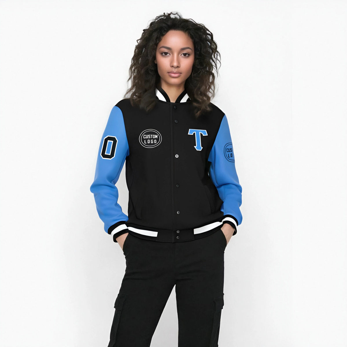 Custom Black Powder Blue Bomber Full-Snap Varsity Letterman Two Tone Jacket