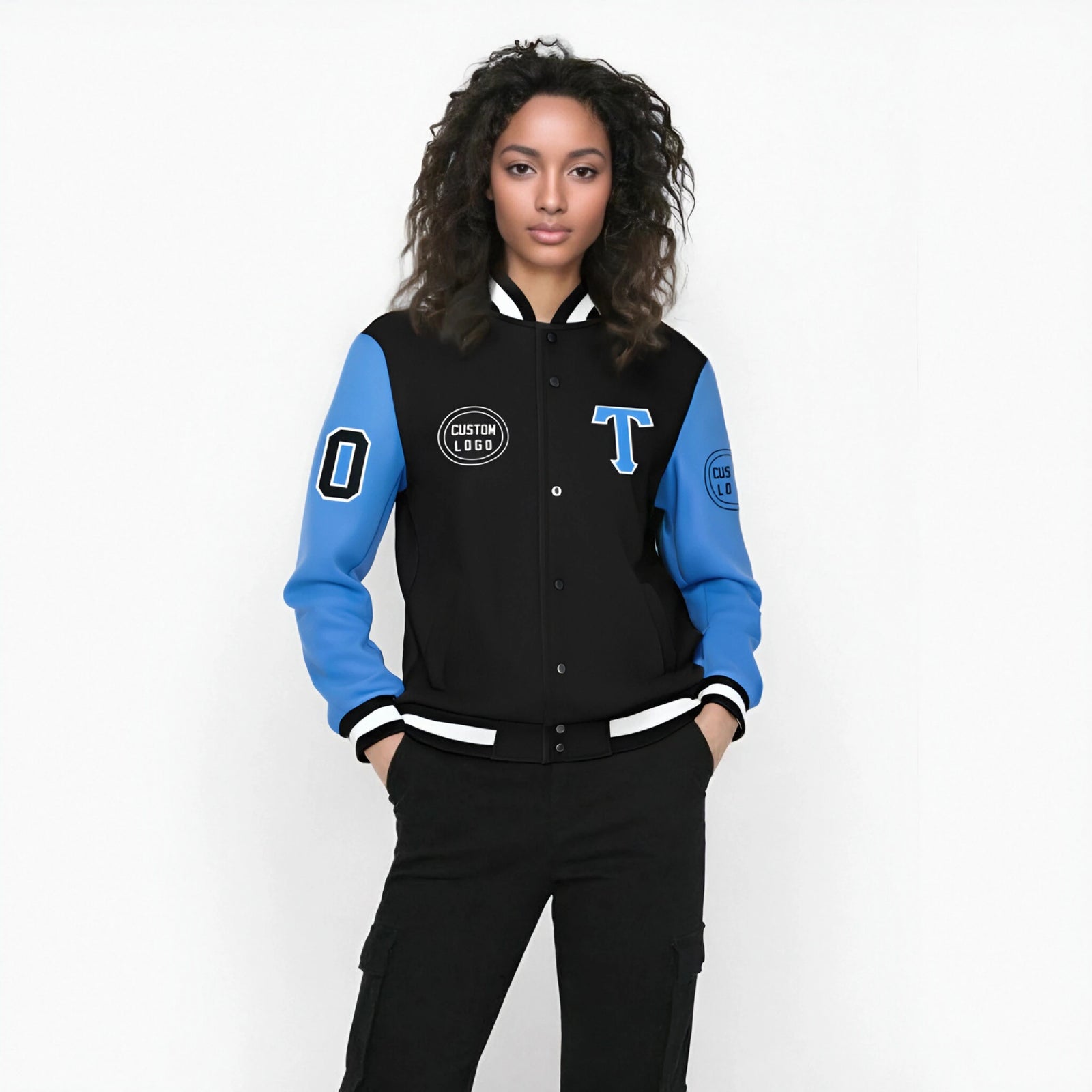 Custom Black Powder Blue Bomber Full-Snap Varsity Letterman Two Tone Jacket