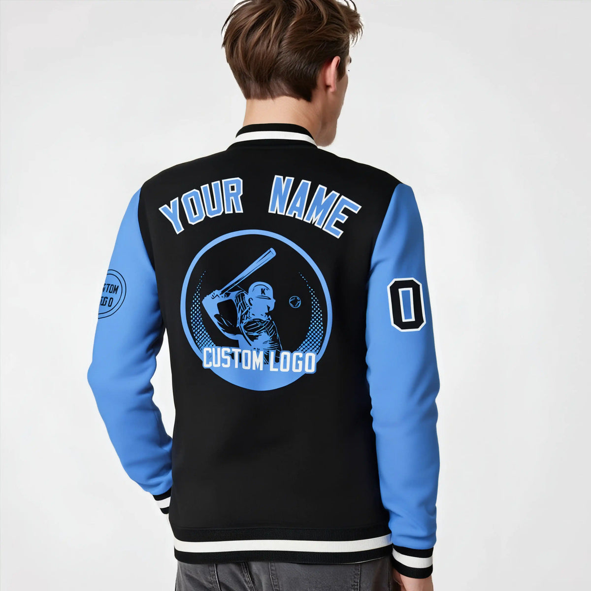 Custom Black Powder Blue Bomber Full-Snap Varsity Letterman Two Tone Jacket